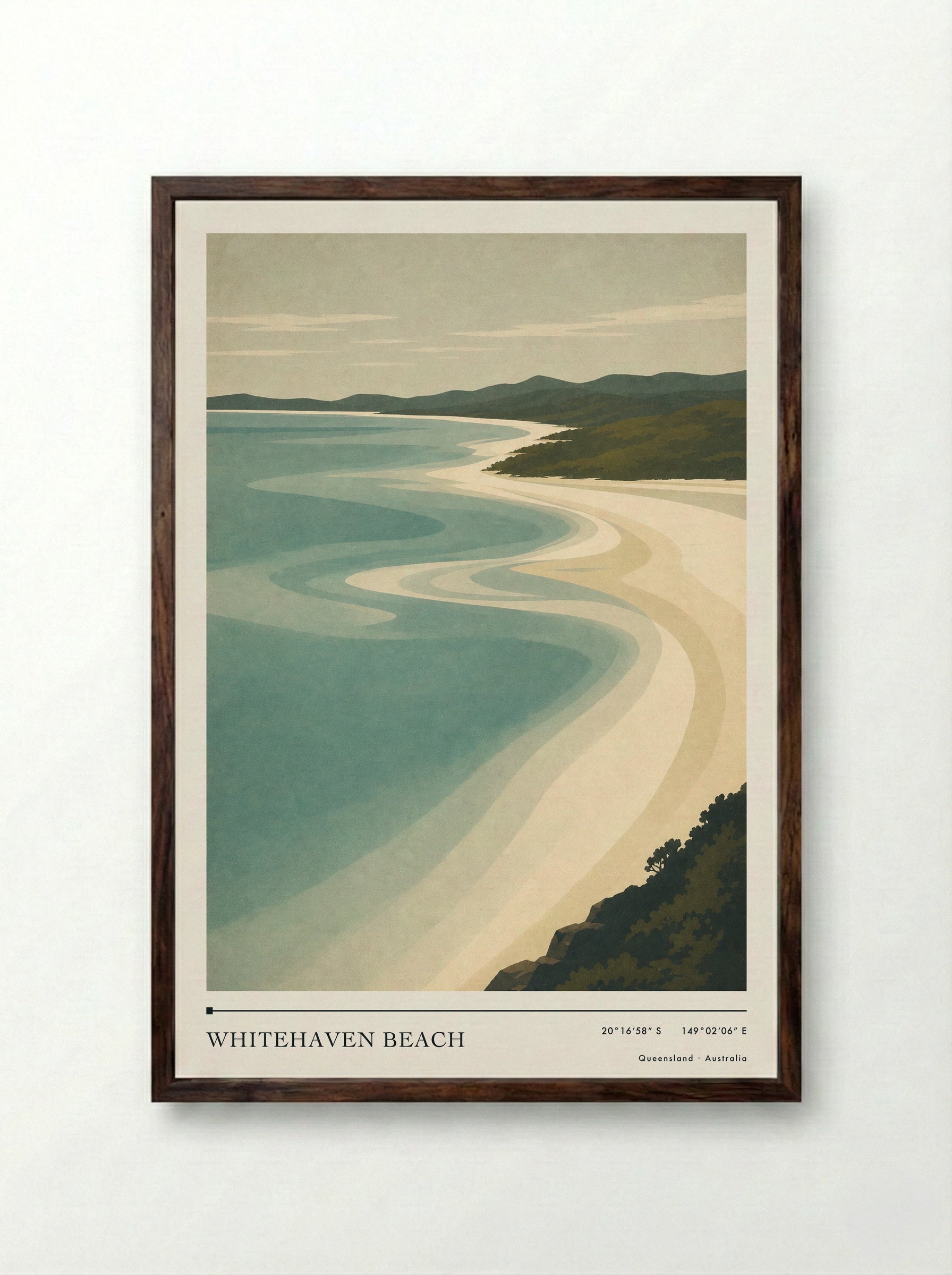 Whitehaven Beach Travel Poster Artwork - Framed Print Dark Wood