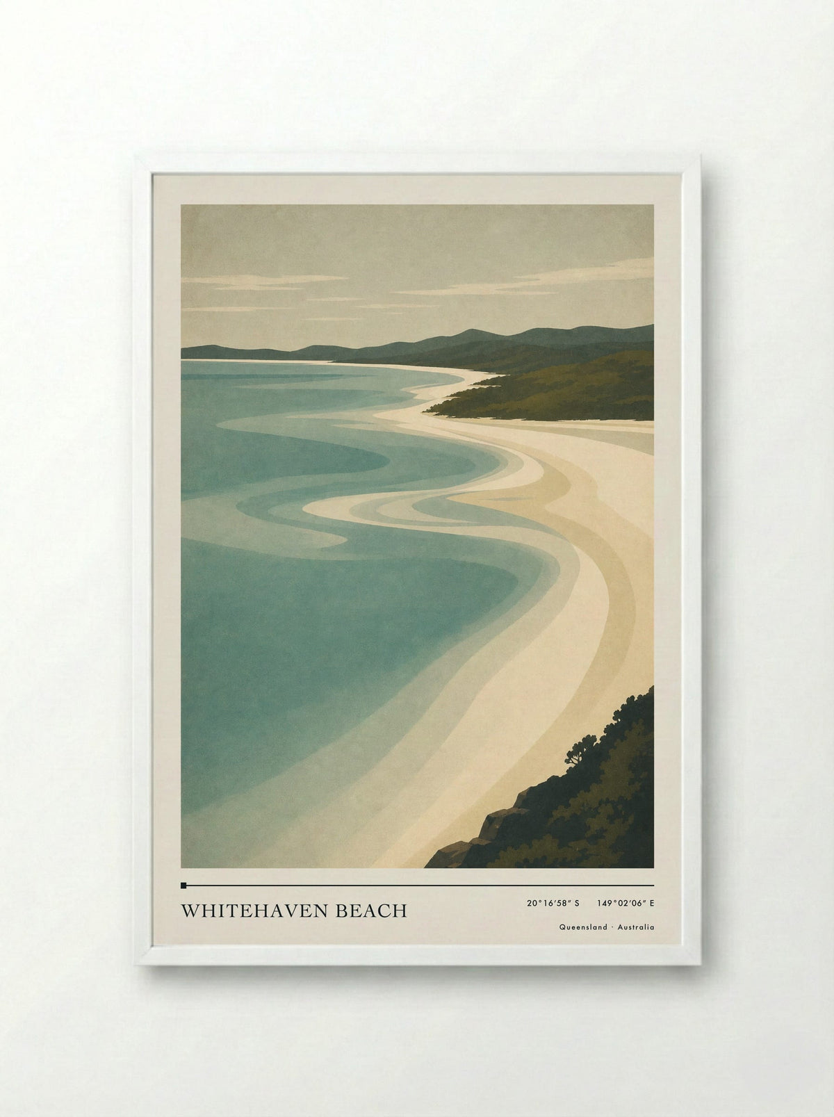 Whitehaven Beach Travel Poster Artwork - Framed Print White