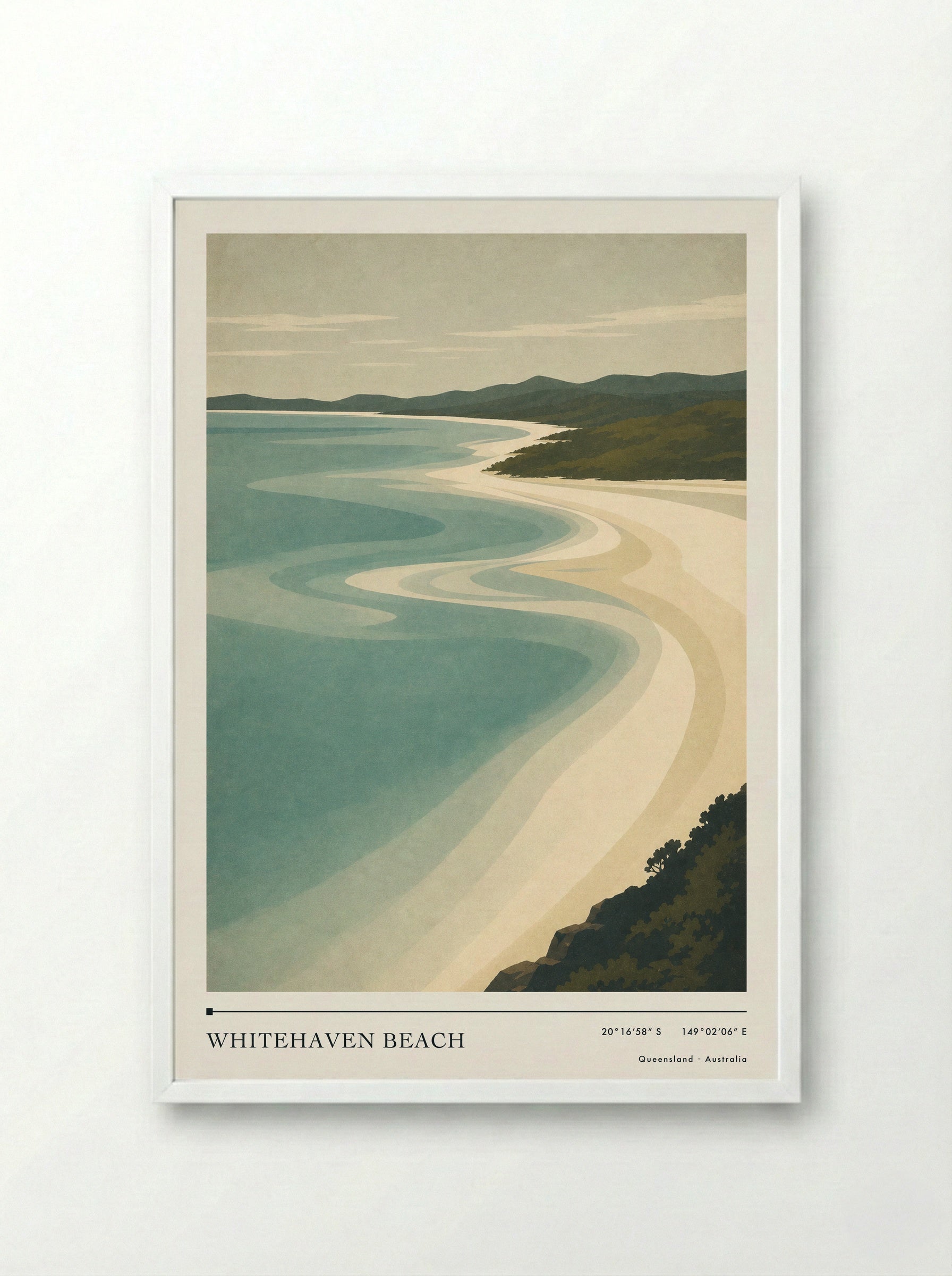 Whitehaven Beach Travel Poster Artwork - Framed Print White
