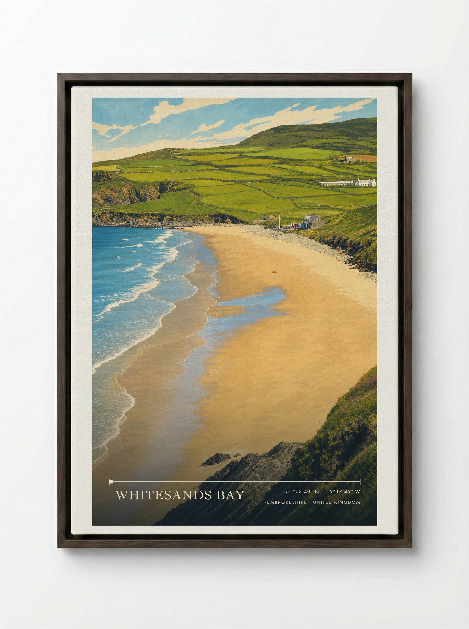 Whitesands Bay Pembrokeshire United Kingdom Travel Poster - Framed Canvas Dark Wood