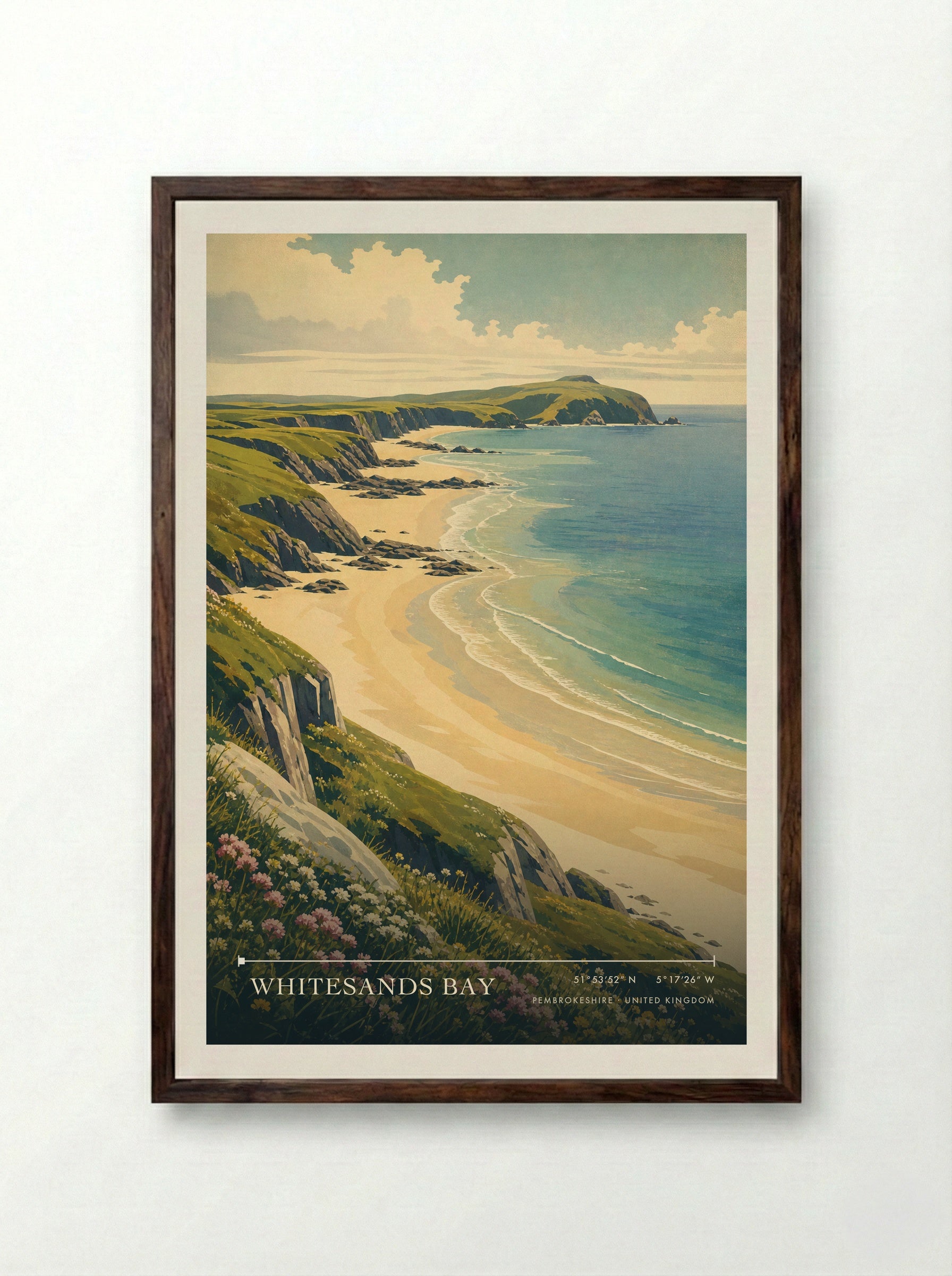 Whitesands Bay Pembrokeshire United Kingdom Travel Poster - Framed Print Dark Wood