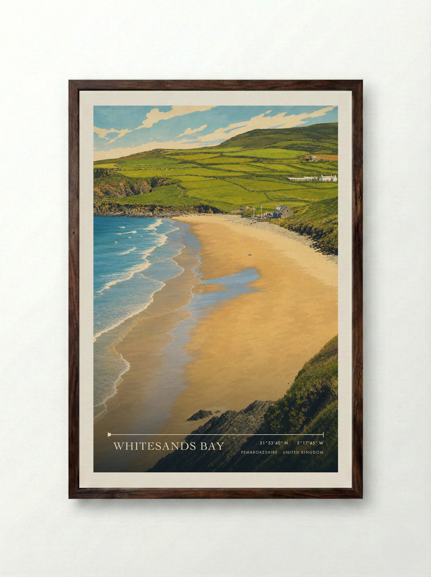 Whitesands Bay Pembrokeshire United Kingdom Travel Poster - Framed Print Dark Wood