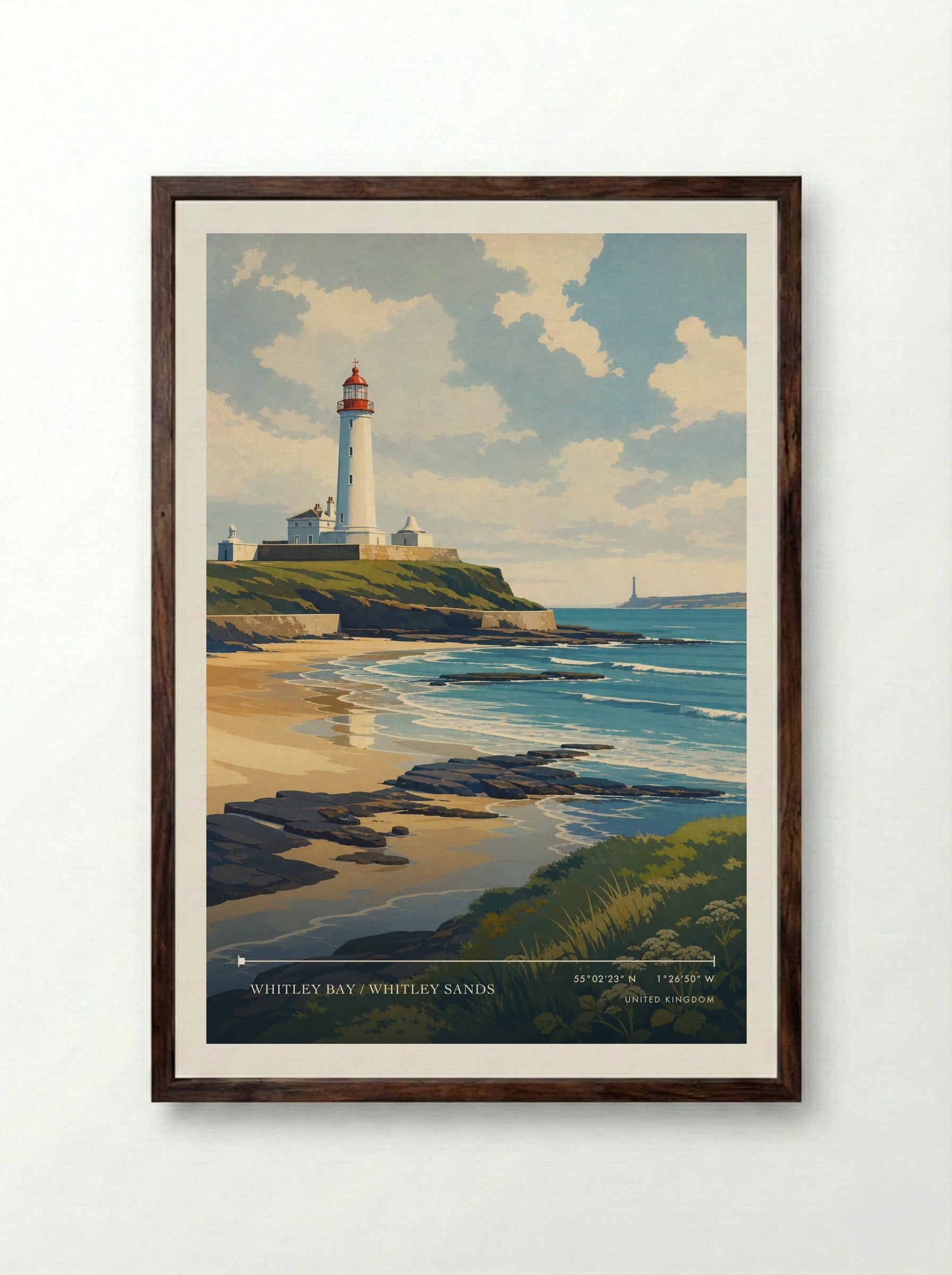 Whitley Bay / Whitley Sands United Kingdom Travel Poster - Framed Print Dark Wood