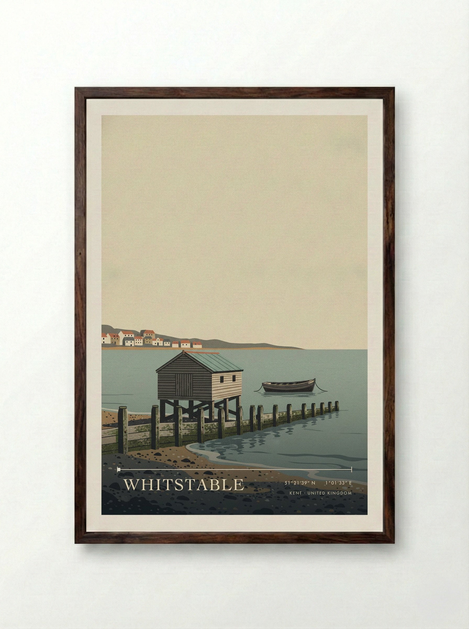 Whitstable Kent United Kingdom Travel Poster - Framed Print Dark Wood