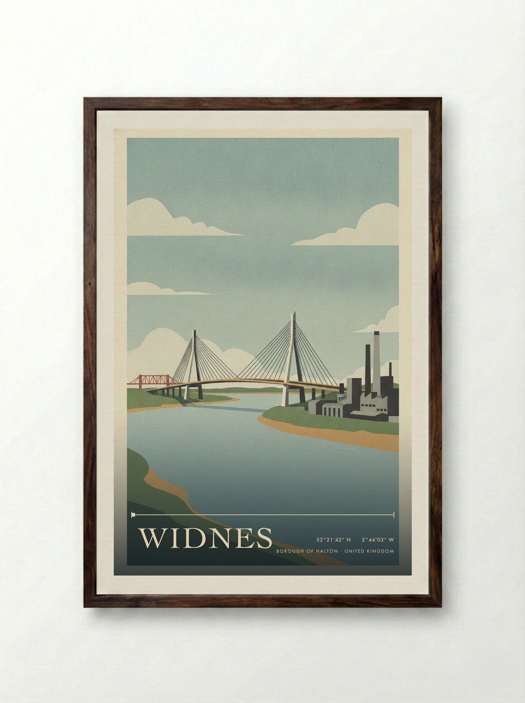Widnes Borough of Halton United Kingdom Travel Poster - Framed Print Dark Wood