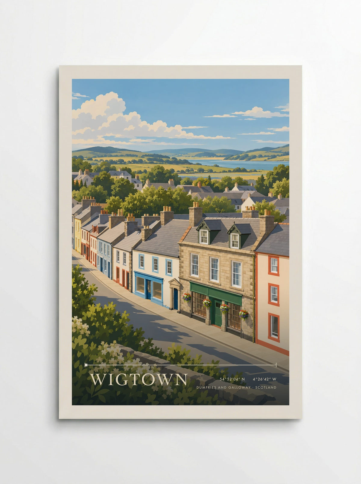 Wigtown, Dumfries and Galloway travel poster: colourful bookshop fronts, hanging flowers and slate rooftops above a quiet sunlit summer street