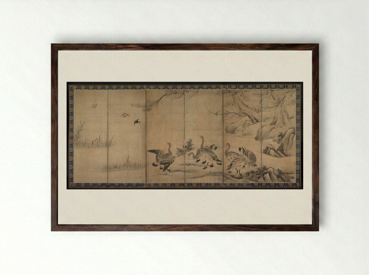 Wild Geese - Kano Sanraku - Framed Print Dark Wood