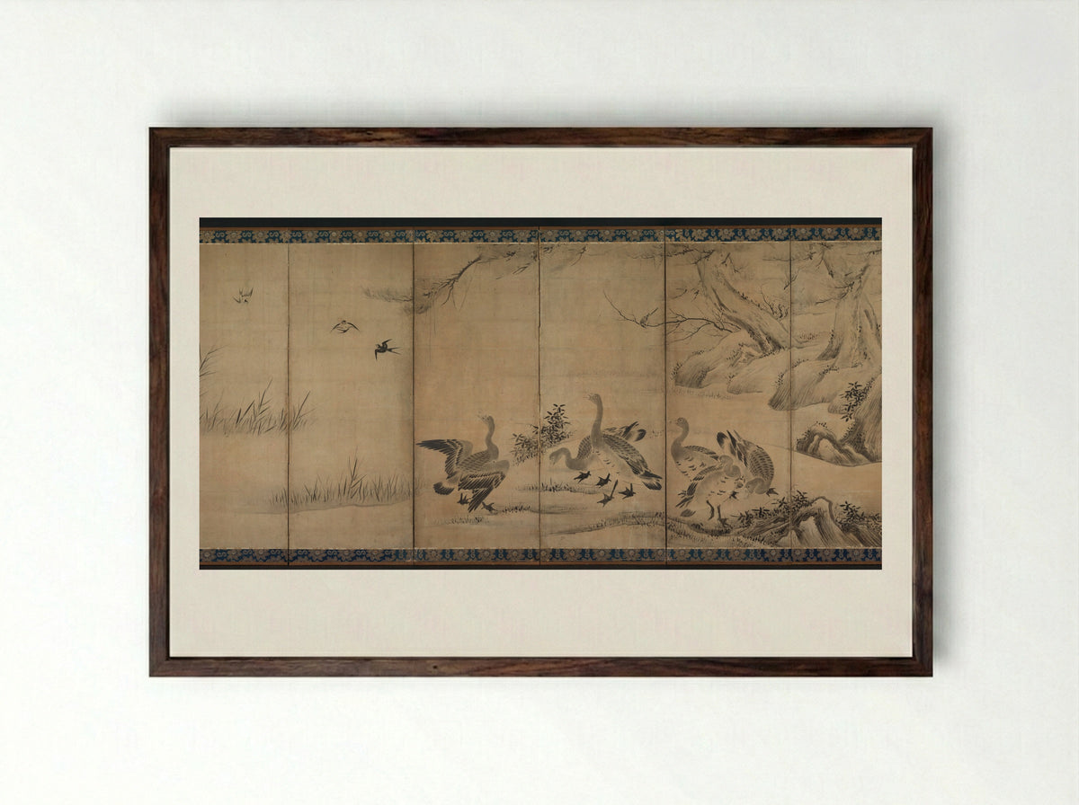 Wild Geese - Kano Sanraku - Framed Print Dark Wood