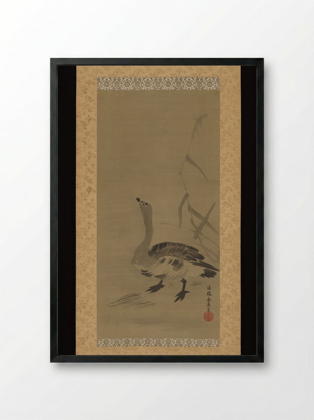 Wild Goose and Reeds - Kano Yasunobu - Framed Print Black