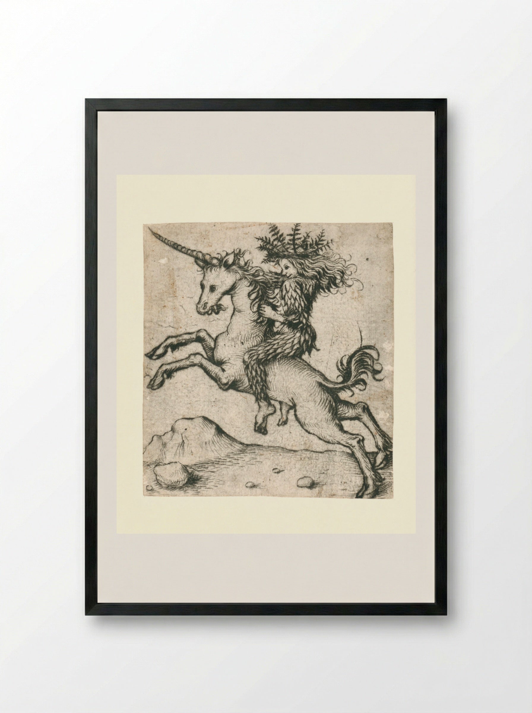 Wild Man on a Unicorn - Master of the Amsterdam Cabinet - Framed Print Black
