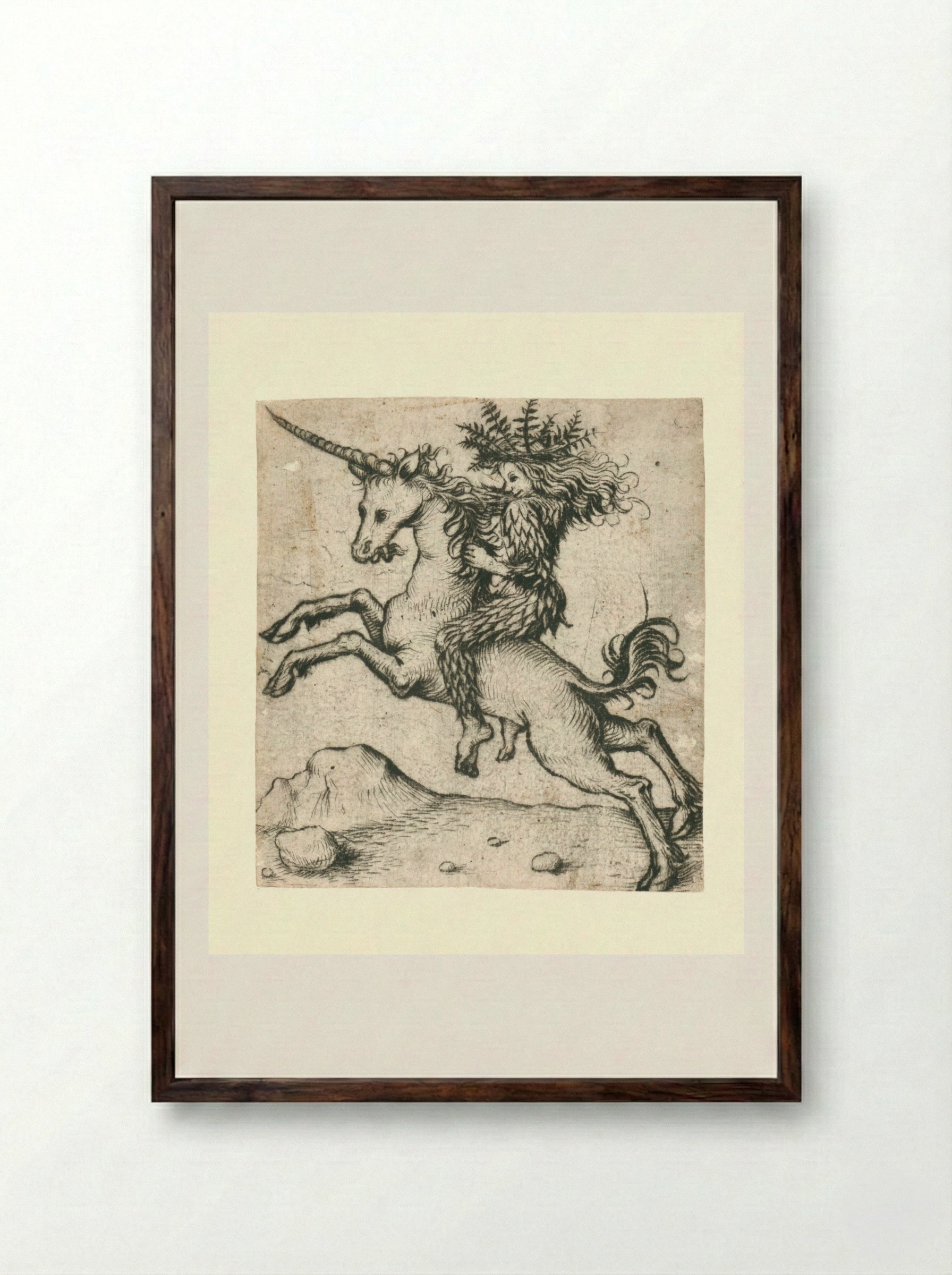 Wild Man on a Unicorn - Master of the Amsterdam Cabinet - Framed Print Dark Wood