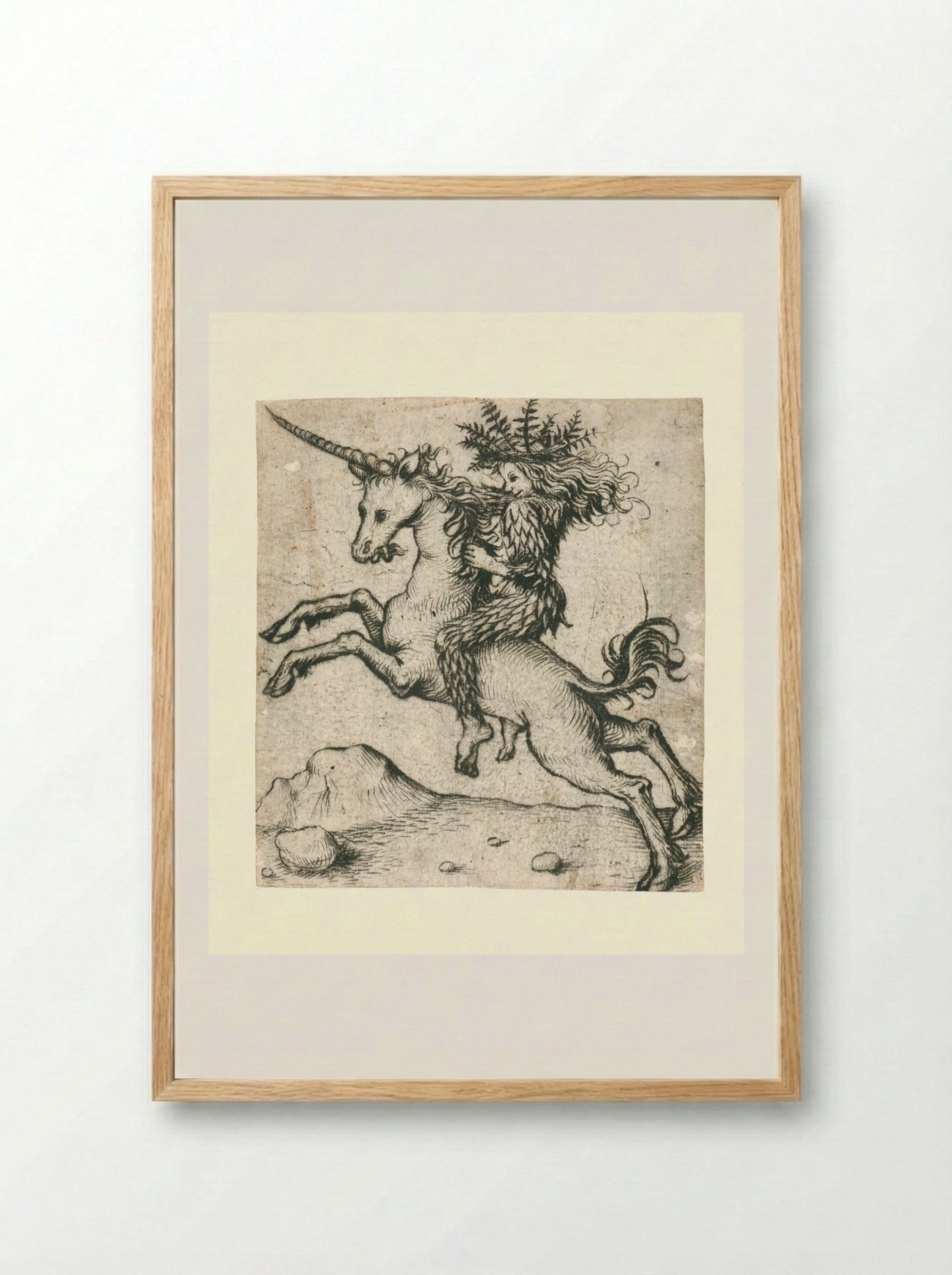 Wild Man on a Unicorn - Master of the Amsterdam Cabinet - Framed Print Wood