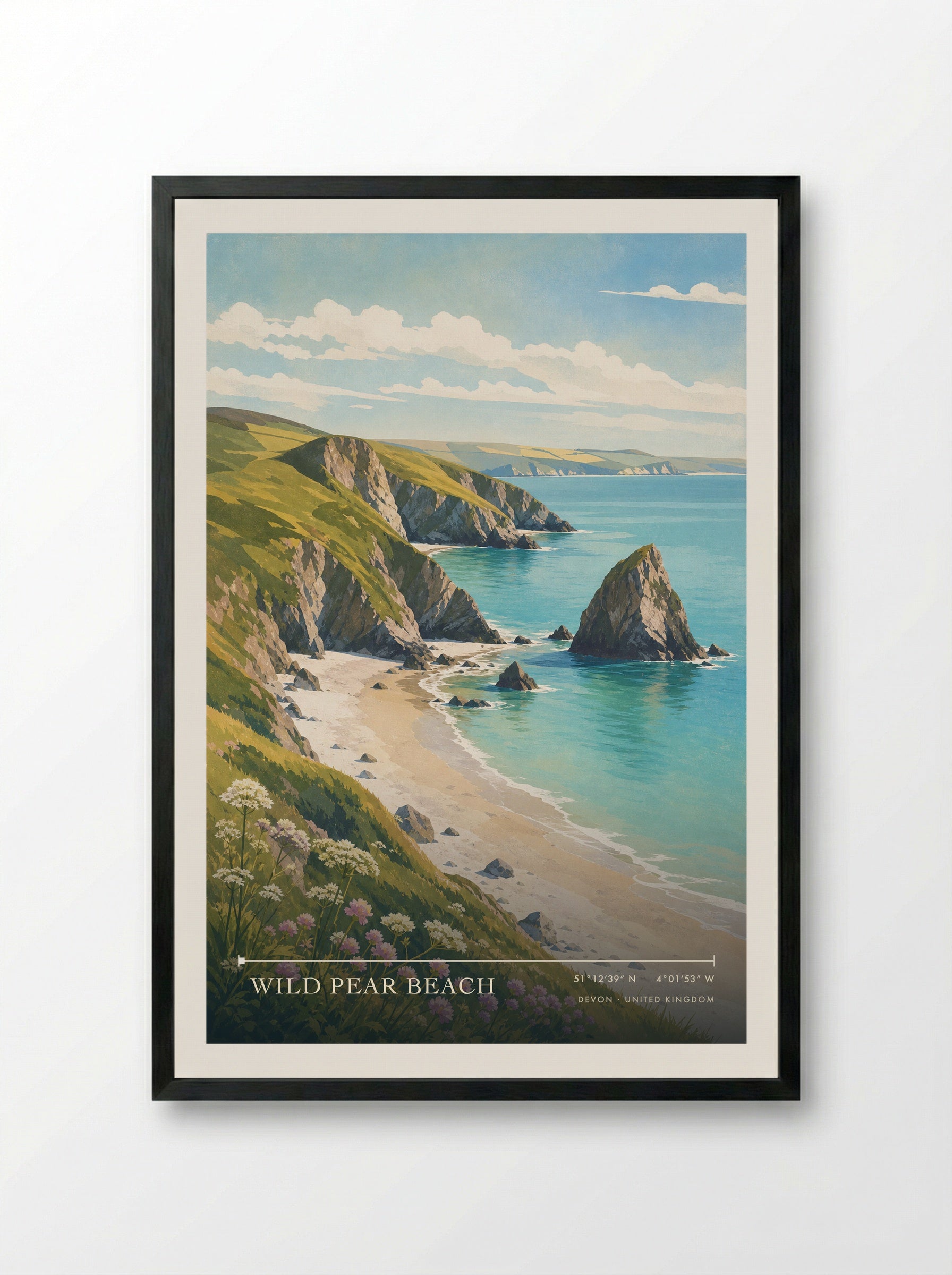Wild Pear Beach Devon United Kingdom Travel Poster - Framed Print Black