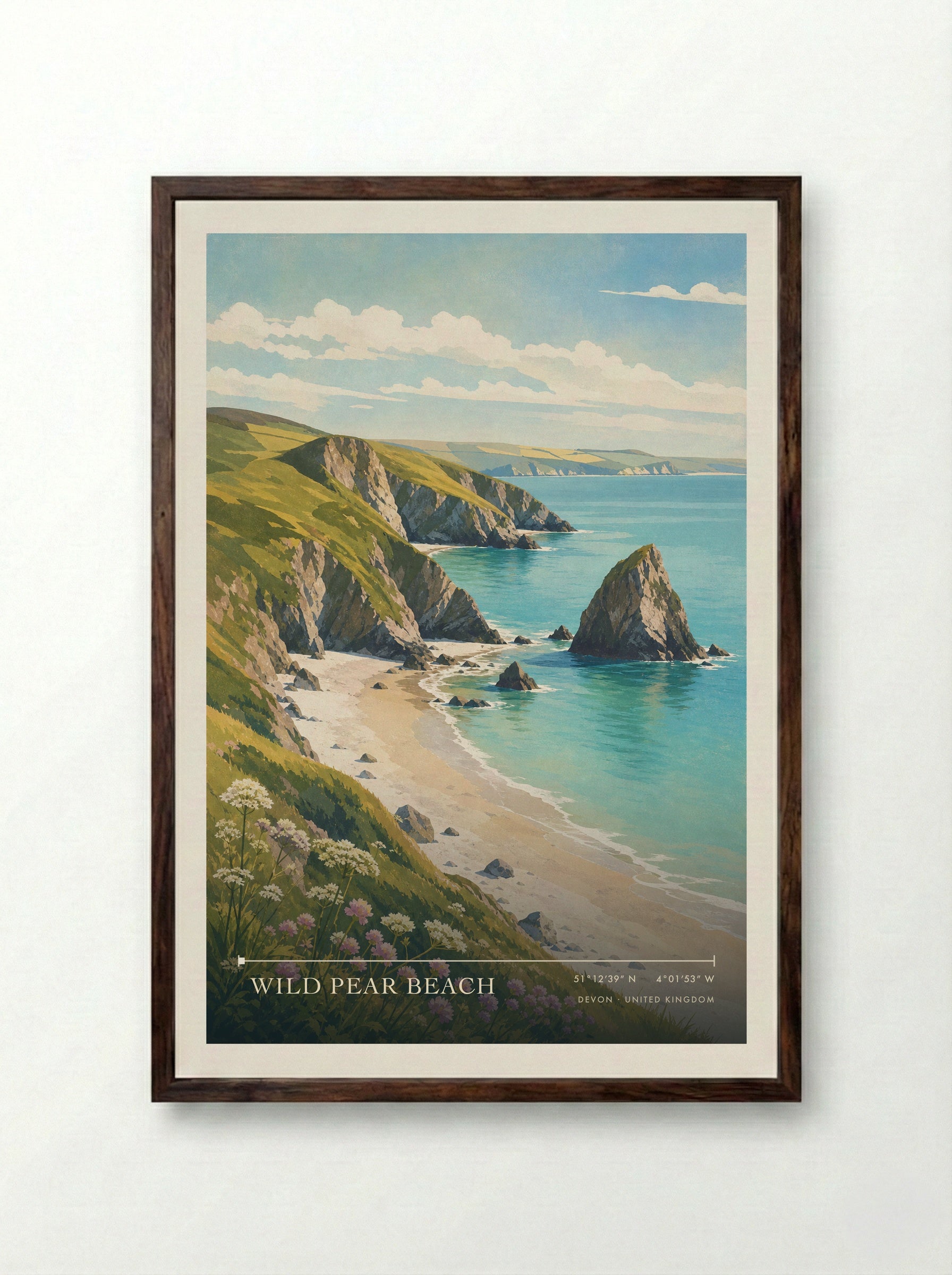 Wild Pear Beach Devon United Kingdom Travel Poster - Framed Print Dark Wood
