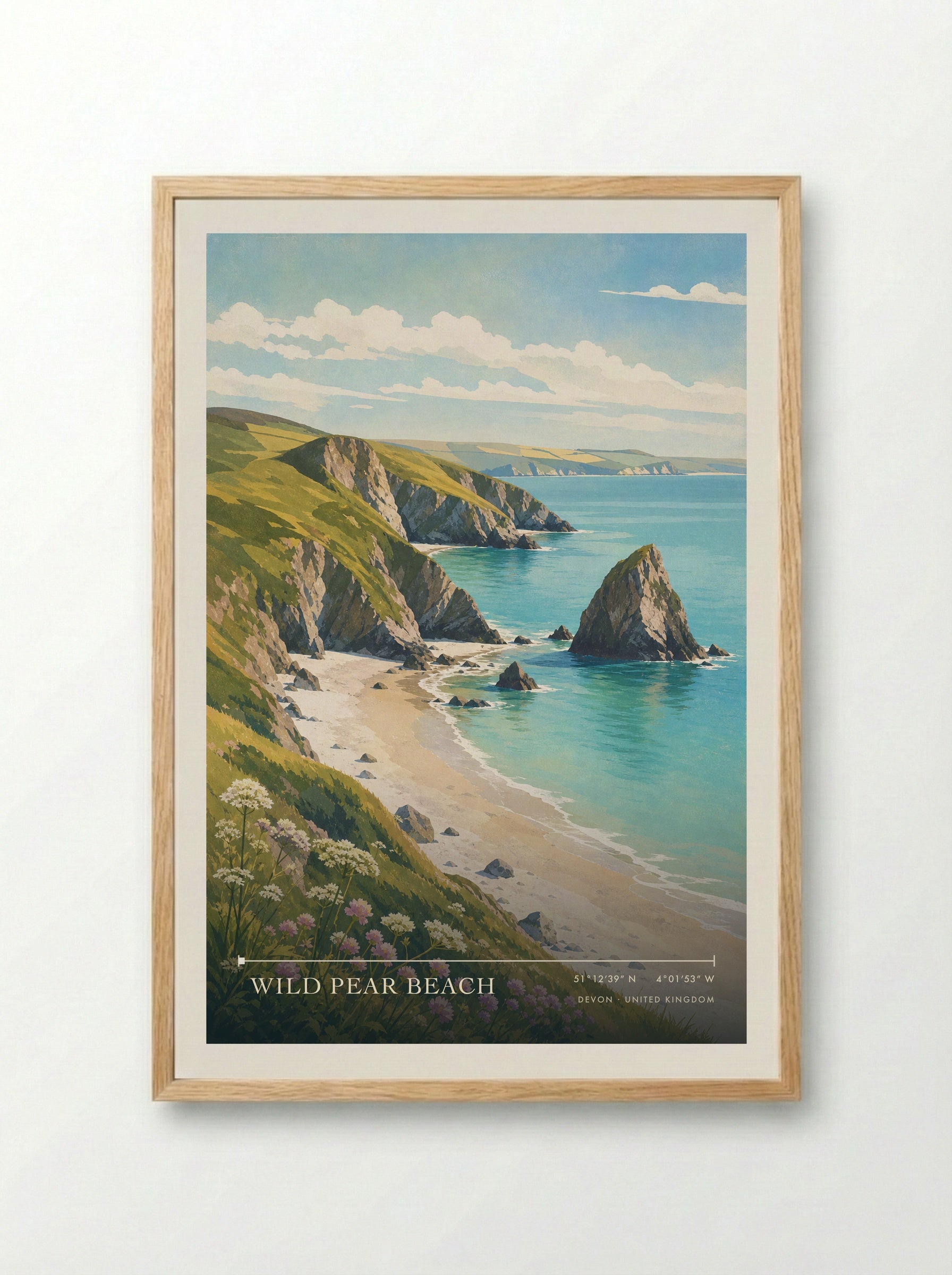Wild Pear Beach Devon United Kingdom Travel Poster - Framed Print Wood