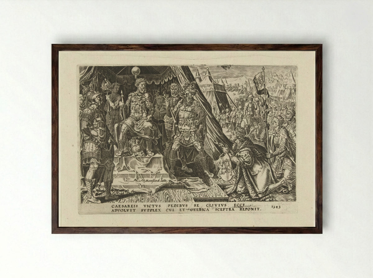 Willem II van Gelre onderwerpt zich aan het gezag van keizer Karel V - Dirck Volckertsz. Coornhert - Framed Print Dark Wood