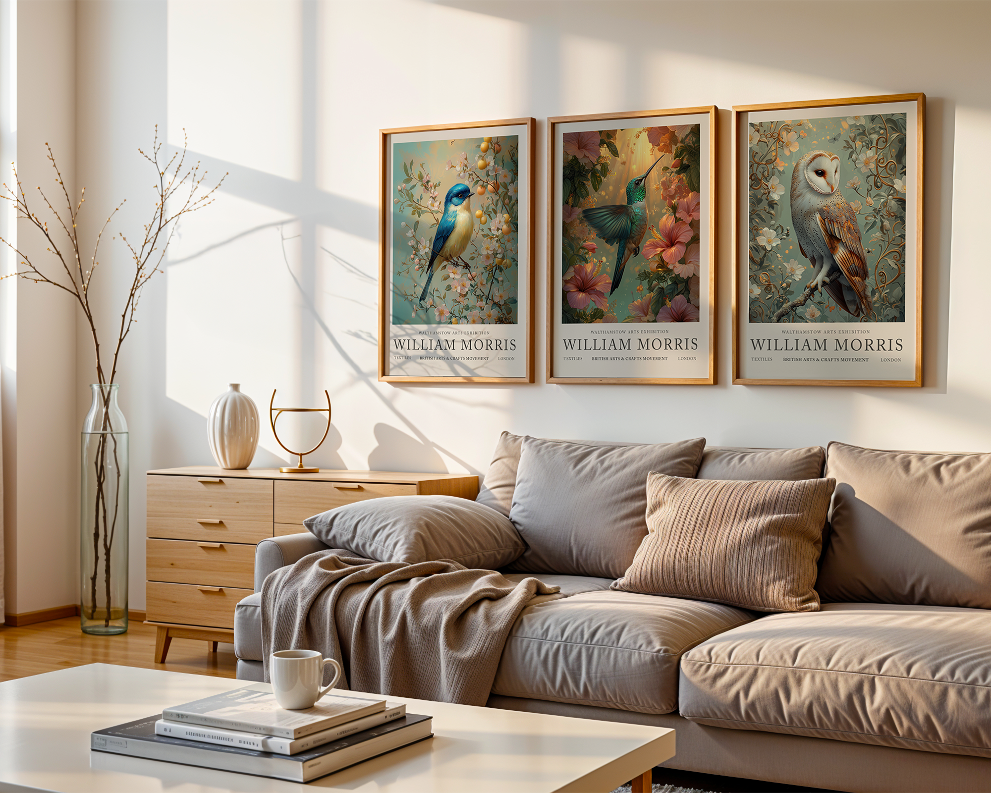 Living room with a beige sofa, coffee table, and wall art featuring birds by William Morris.
