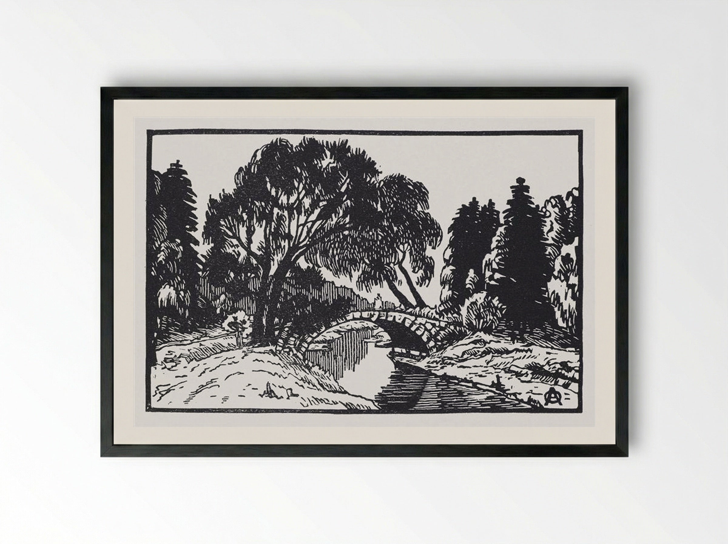 Willows near Novosilviysky Bridge - Anna Ostroumova-Lebedeva - Framed Print Black