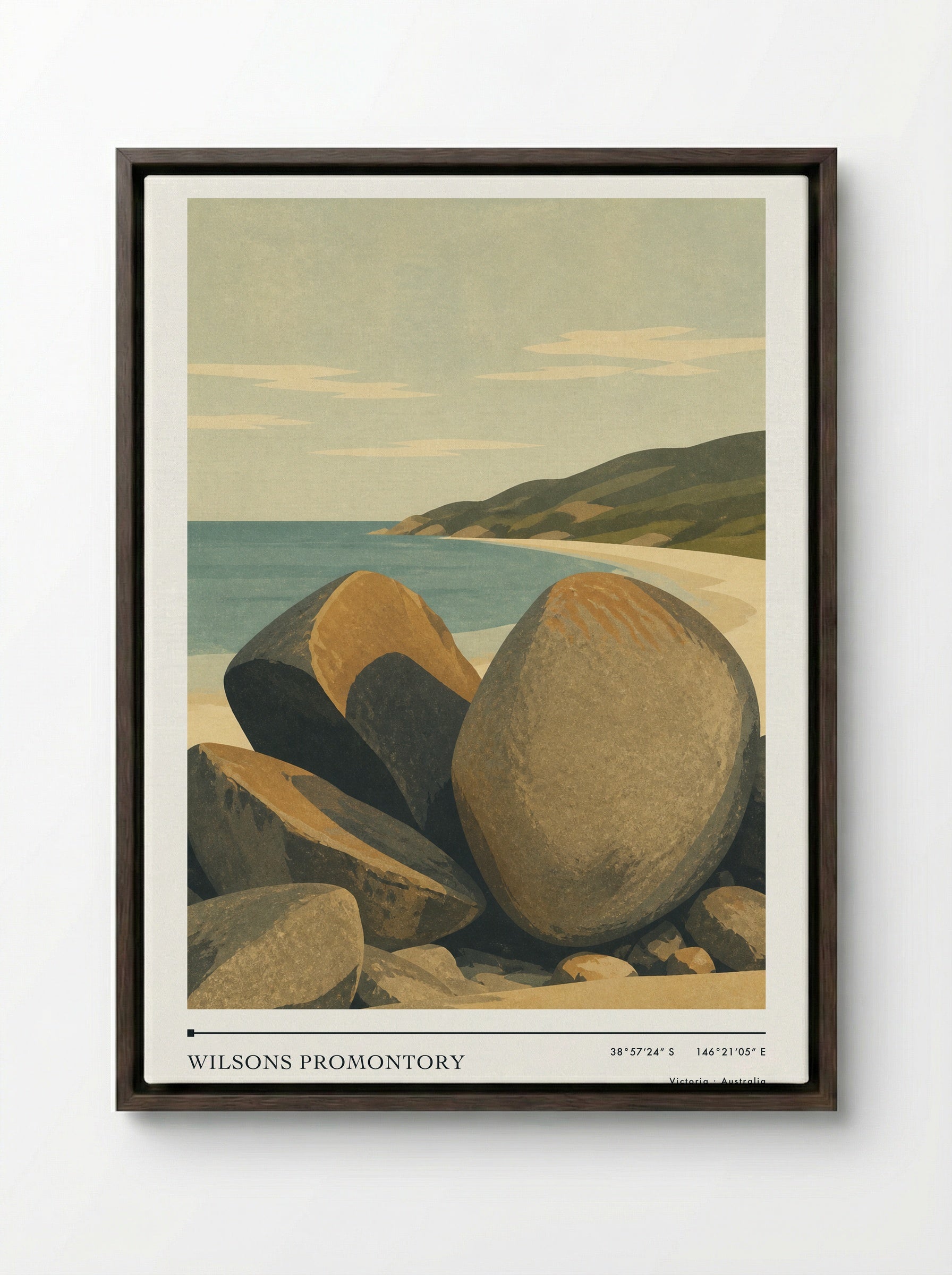 Wilsons Promontory Travel Poster Artwork - Framed Canvas Dark Wood