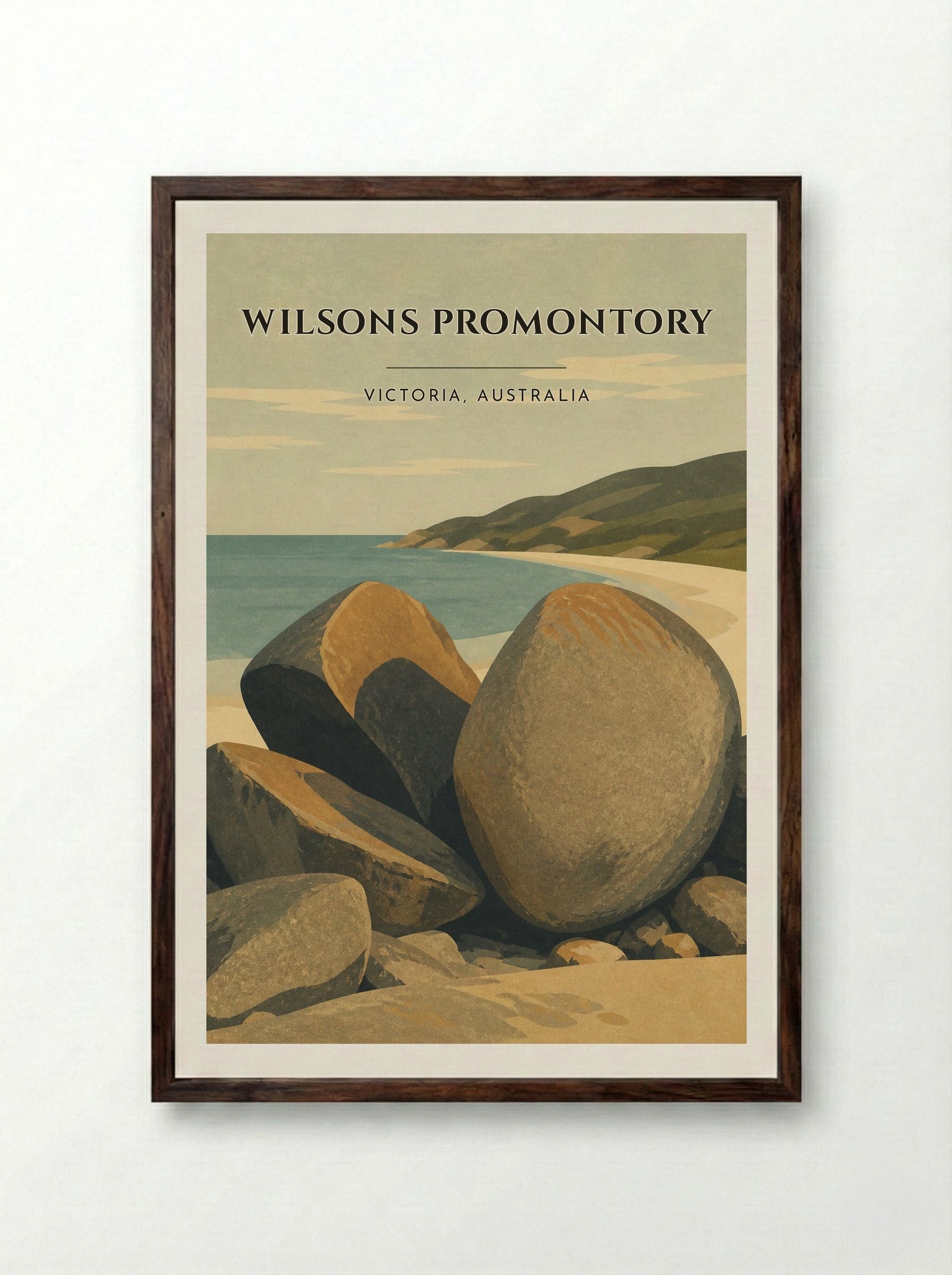 Wilsons Promontory Travel Poster Artwork - Framed Print Dark Wood