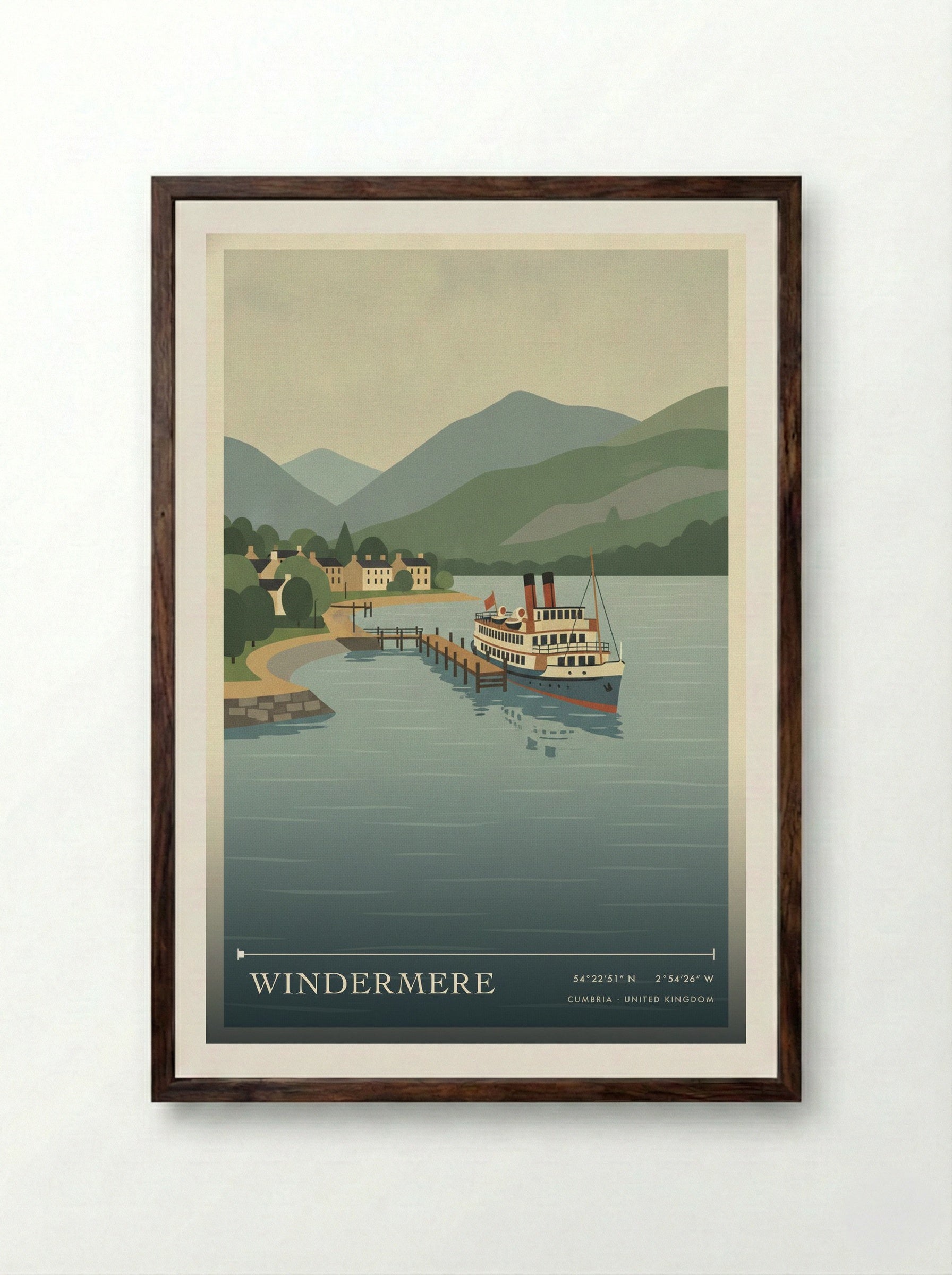 Windermere Cumbria United Kingdom Travel Poster - Framed Print Dark Wood