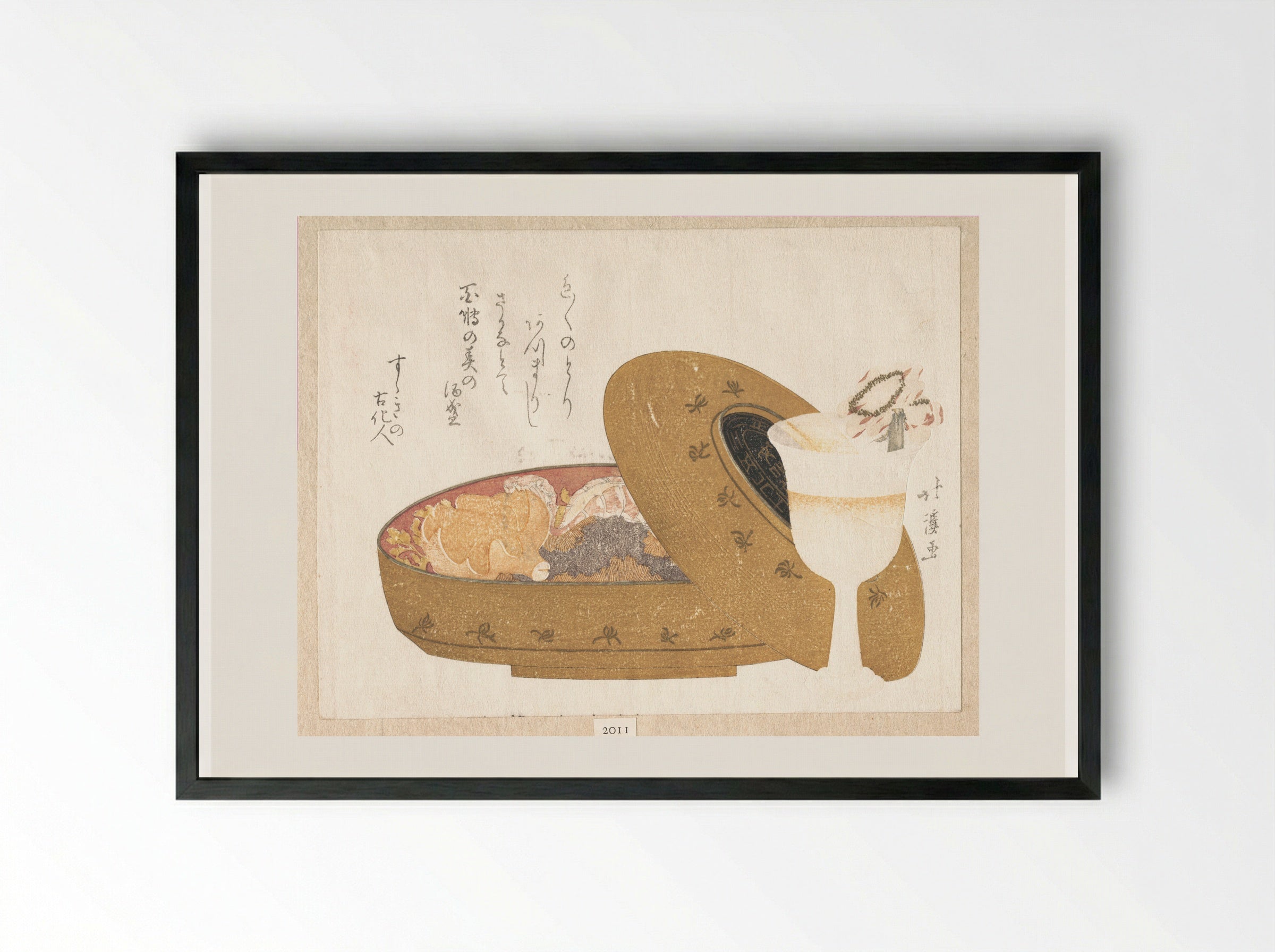 Wine Goblet and Lacquer Food Box with New Year’s Meal - Totoya Hokkei - Framed Print Black