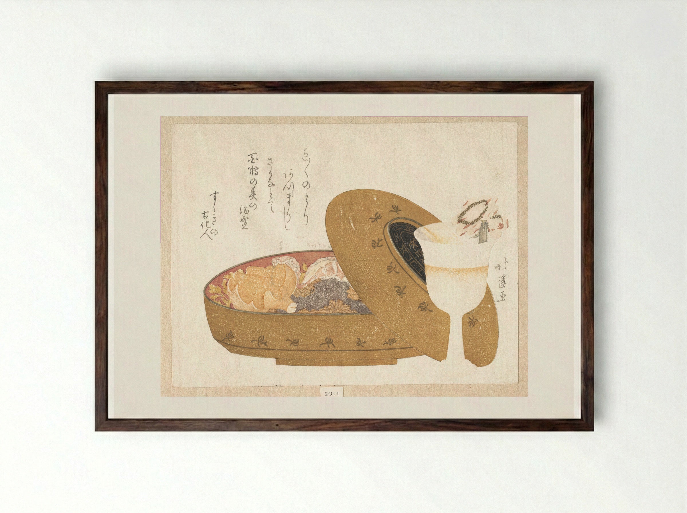 Wine Goblet and Lacquer Food Box with New Year’s Meal - Totoya Hokkei - Framed Print Dark Wood