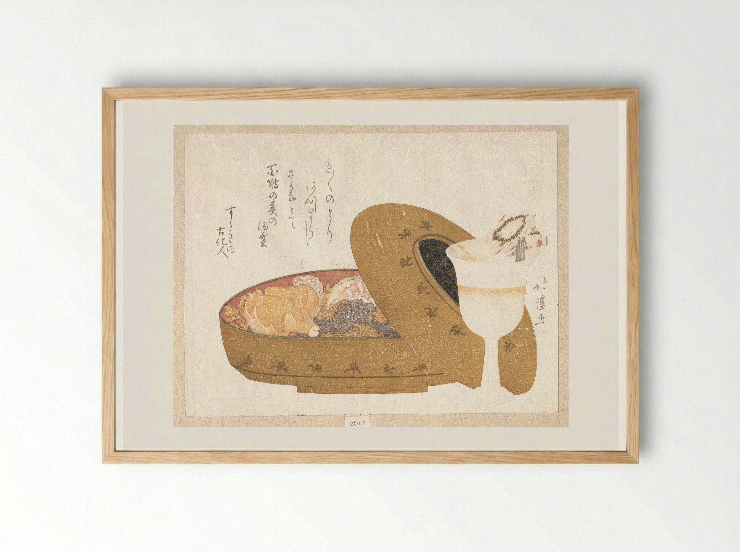 Wine Goblet and Lacquer Food Box with New Year’s Meal - Totoya Hokkei - Framed Print Wood