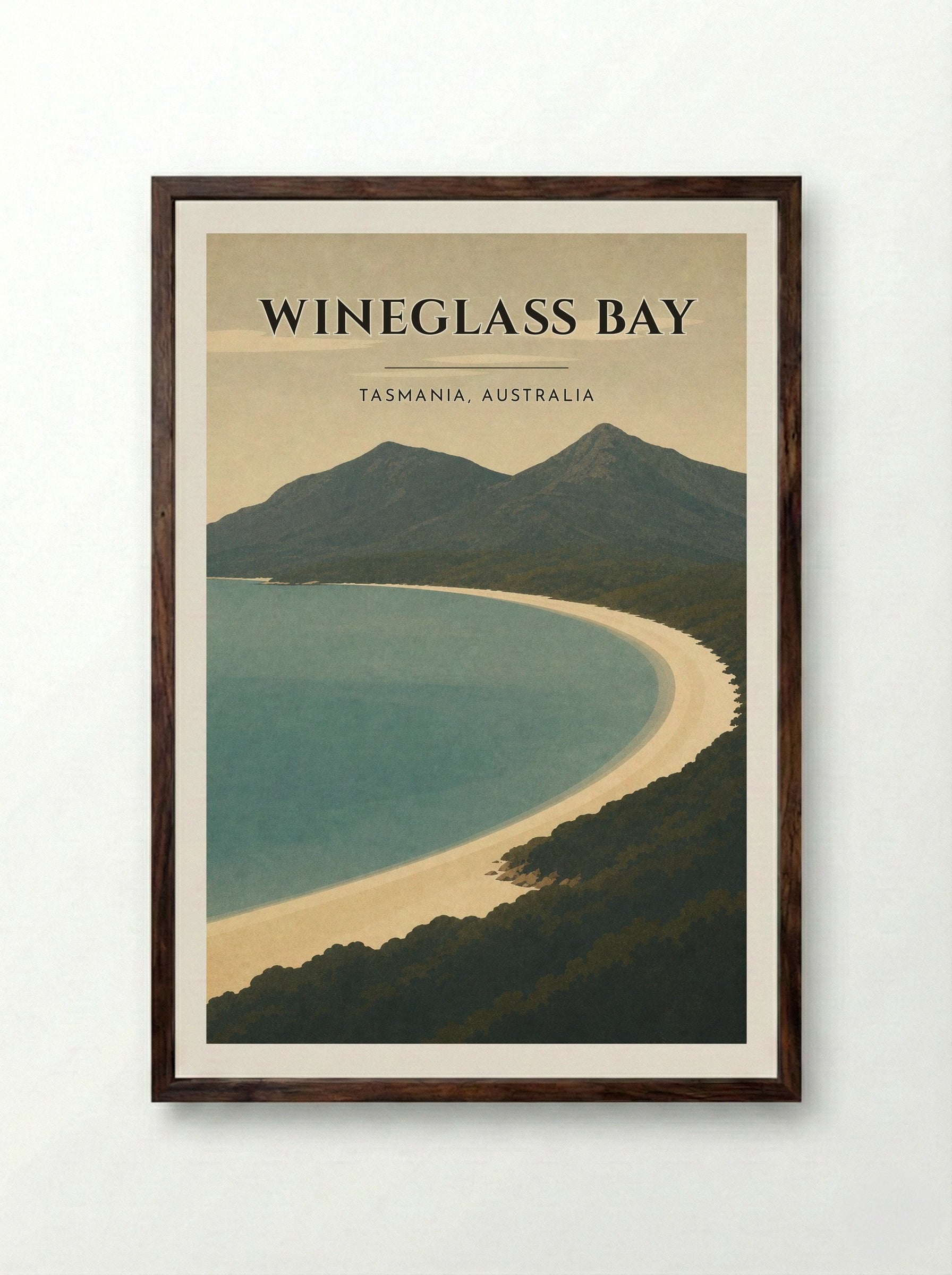 Wineglass Bay Travel Poster Artwork - Framed Print Dark Wood