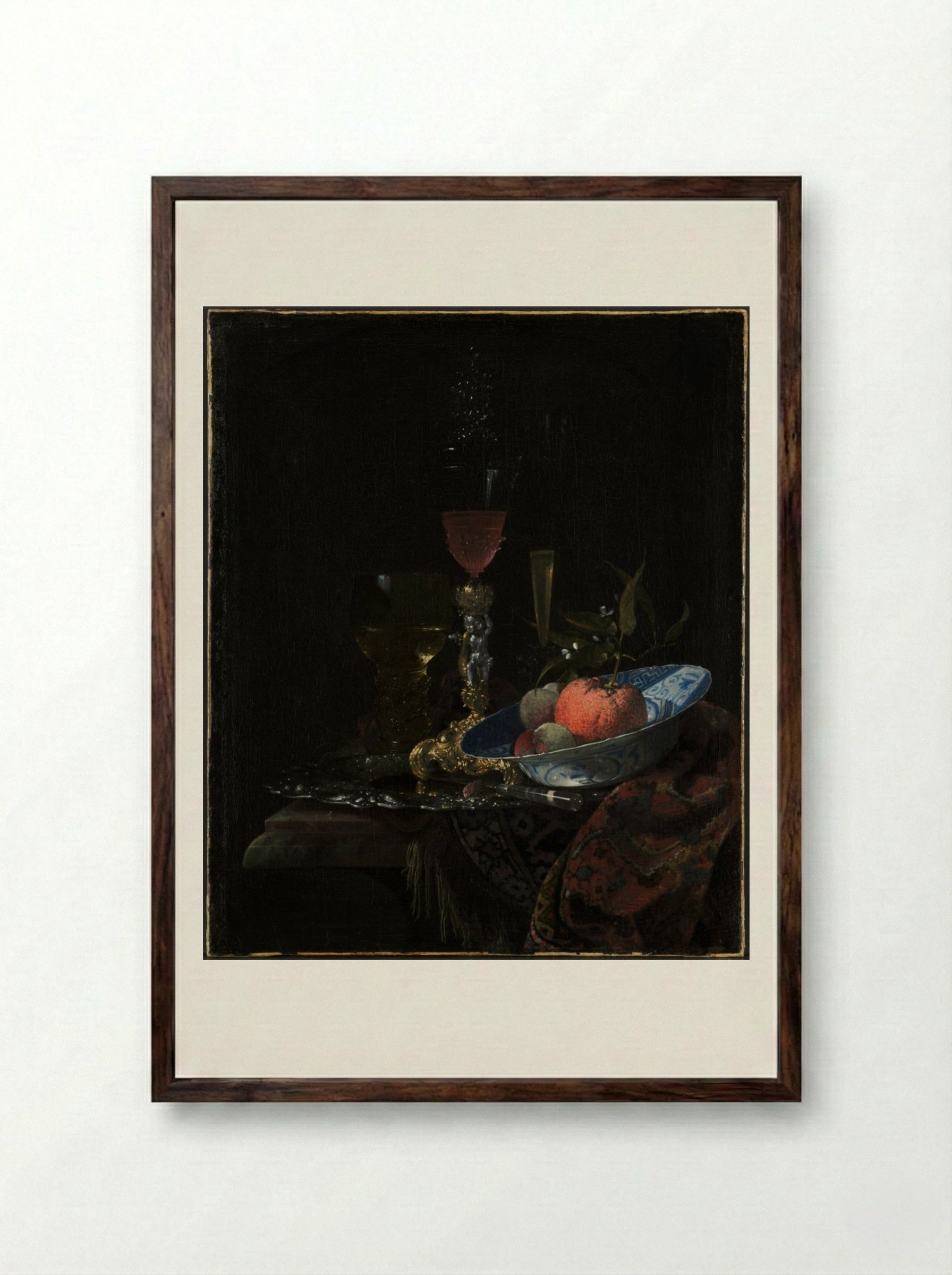 Wineglass and a Bowl of Fruit - Willem Kalf - Framed Print Dark Wood