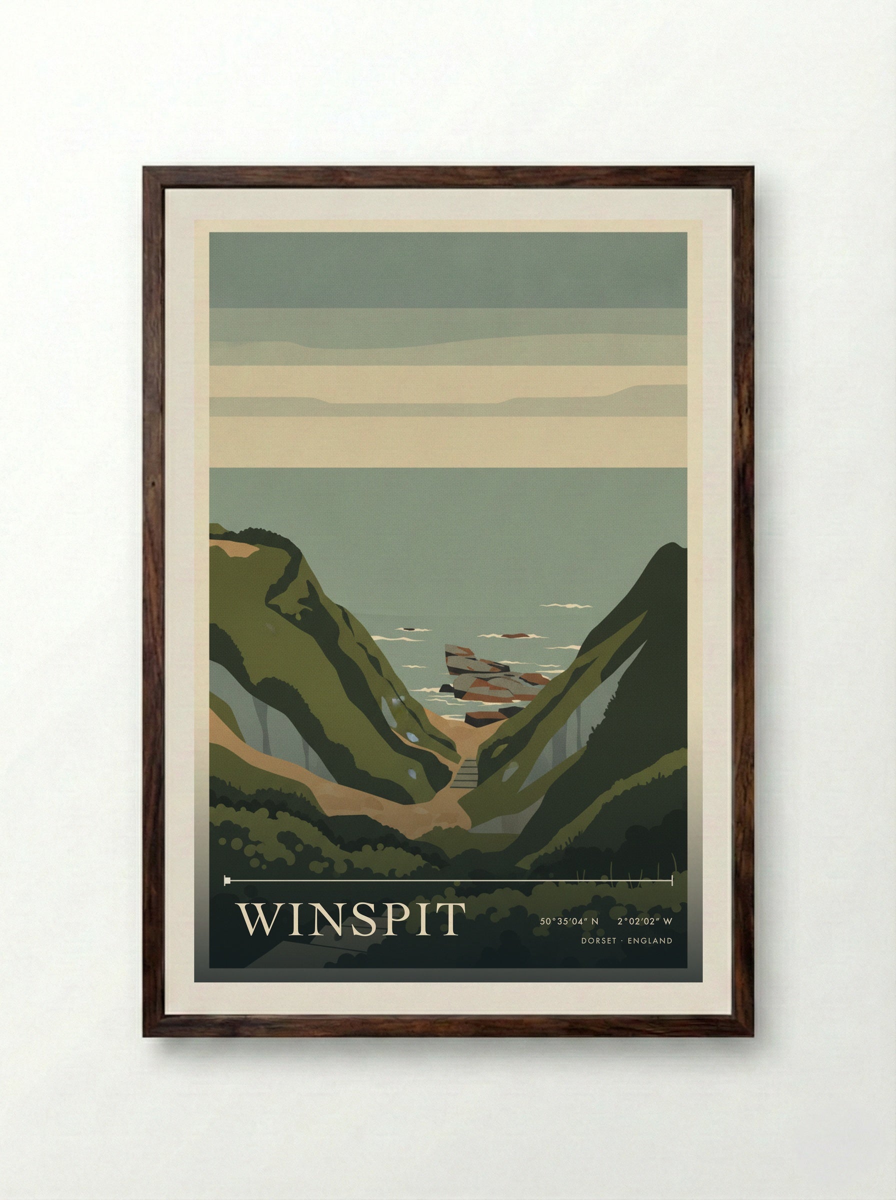 Winspit Dorset England Travel Poster - Framed Print Dark Wood