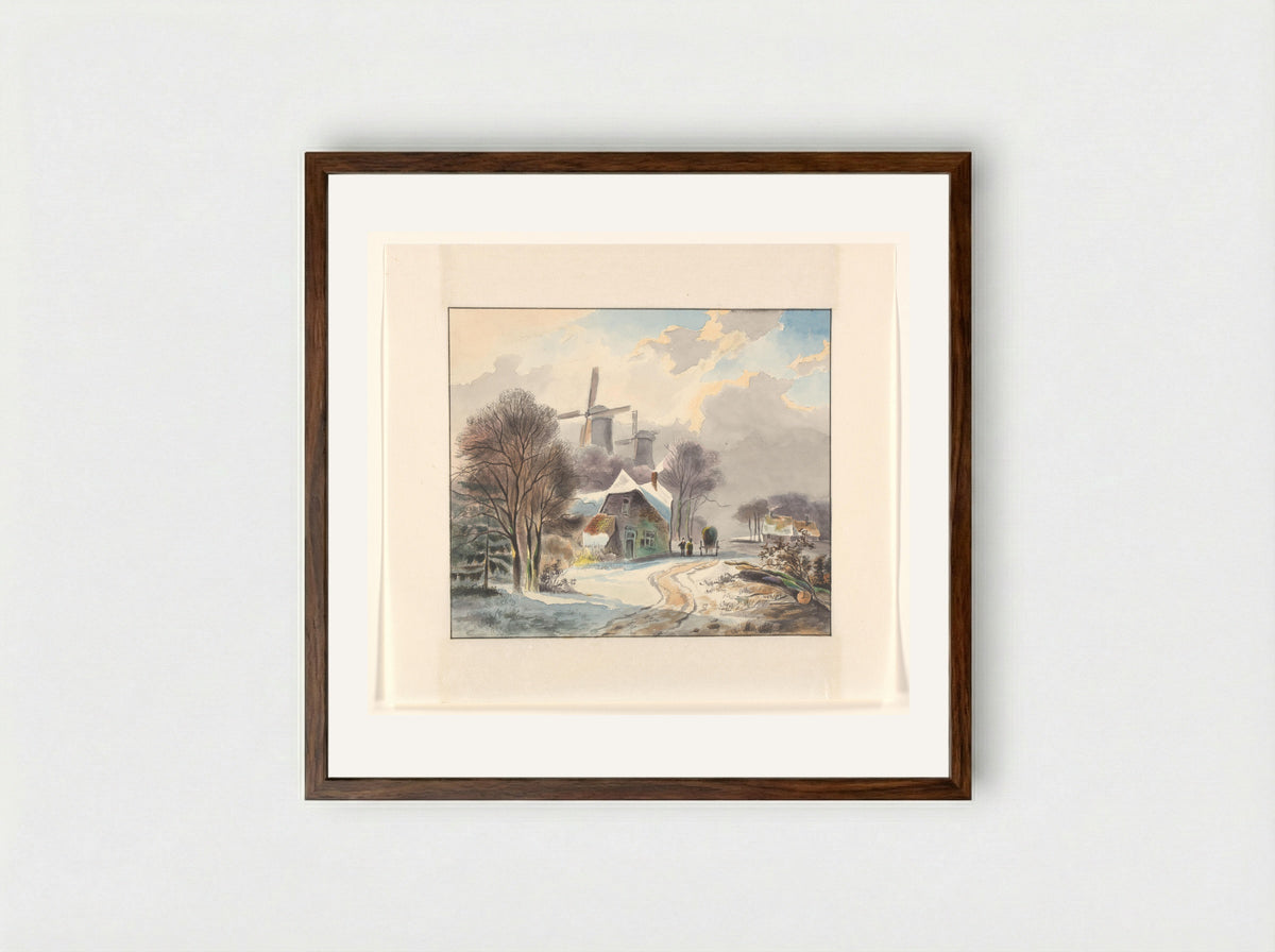 Winter Landscape with Farms and Windmills - Johannes van Reijn - Framed Print Dark Wood