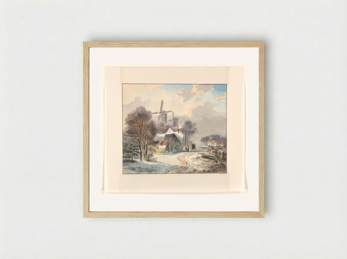 Winter Landscape with Farms and Windmills - Johannes van Reijn - Framed Print Wood