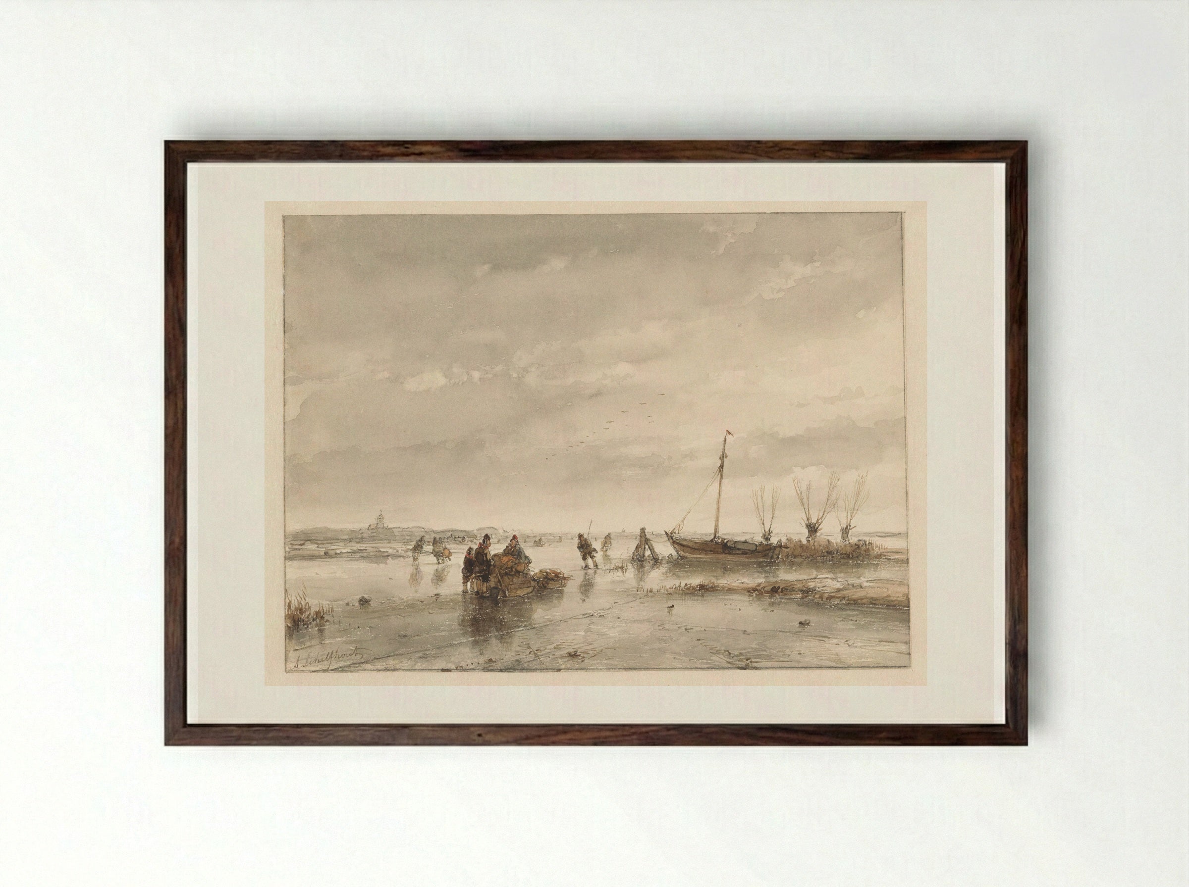 Winter Landscape with Frozen Lake - Andreas Schelfhout - Framed Print Dark Wood