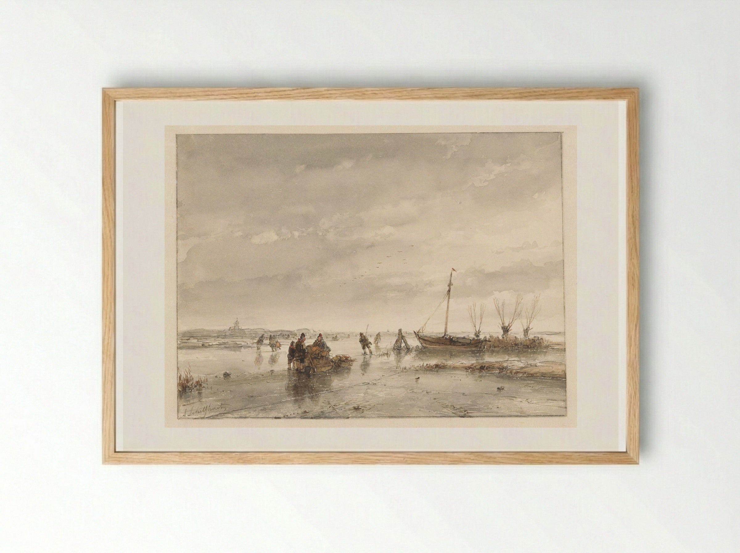 Winter Landscape with Frozen Lake - Andreas Schelfhout - Framed Print Wood