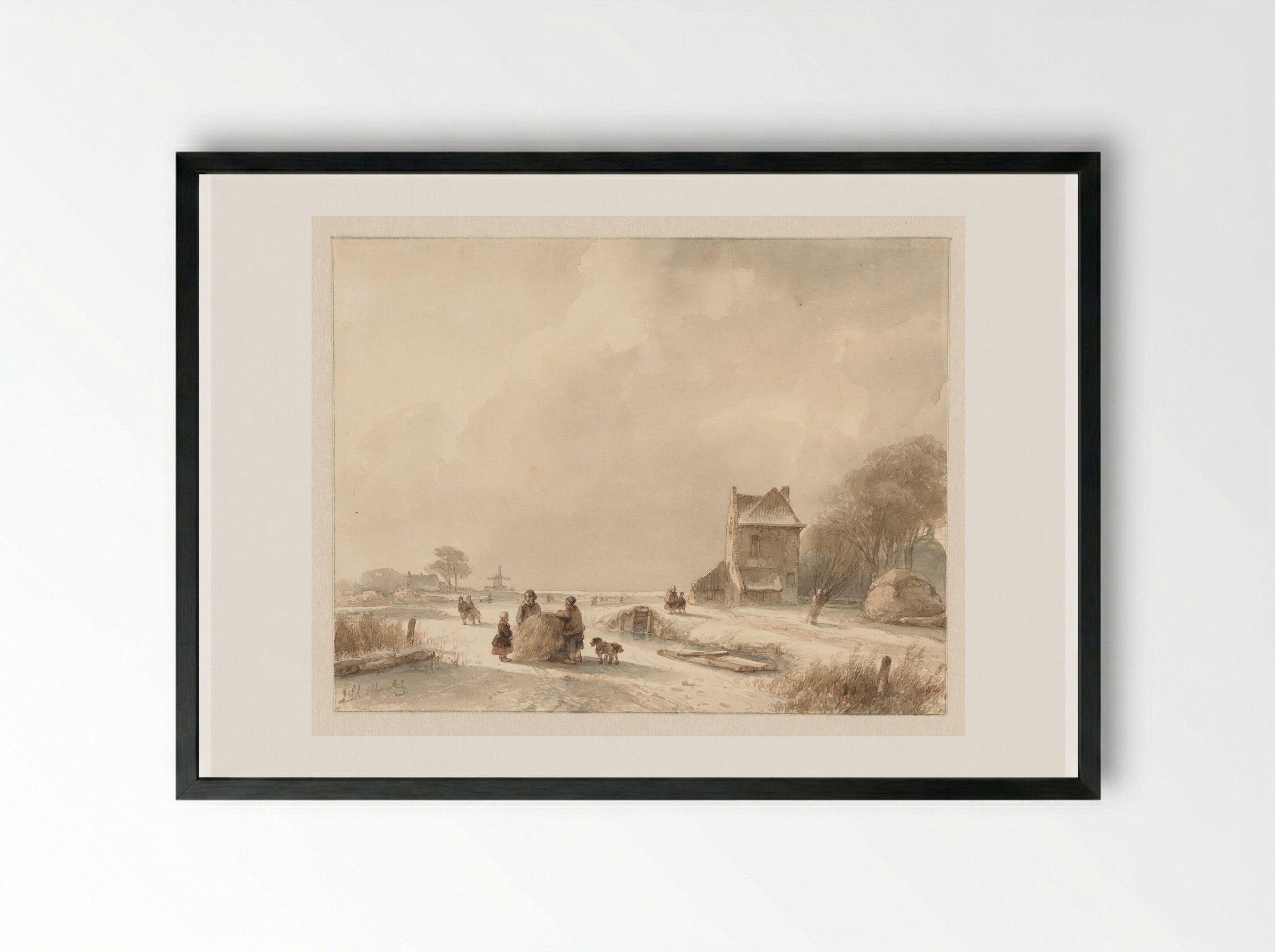 Winter Landscape with Hay Sled and Skaters - Andreas Schelfhout - Framed Print Black