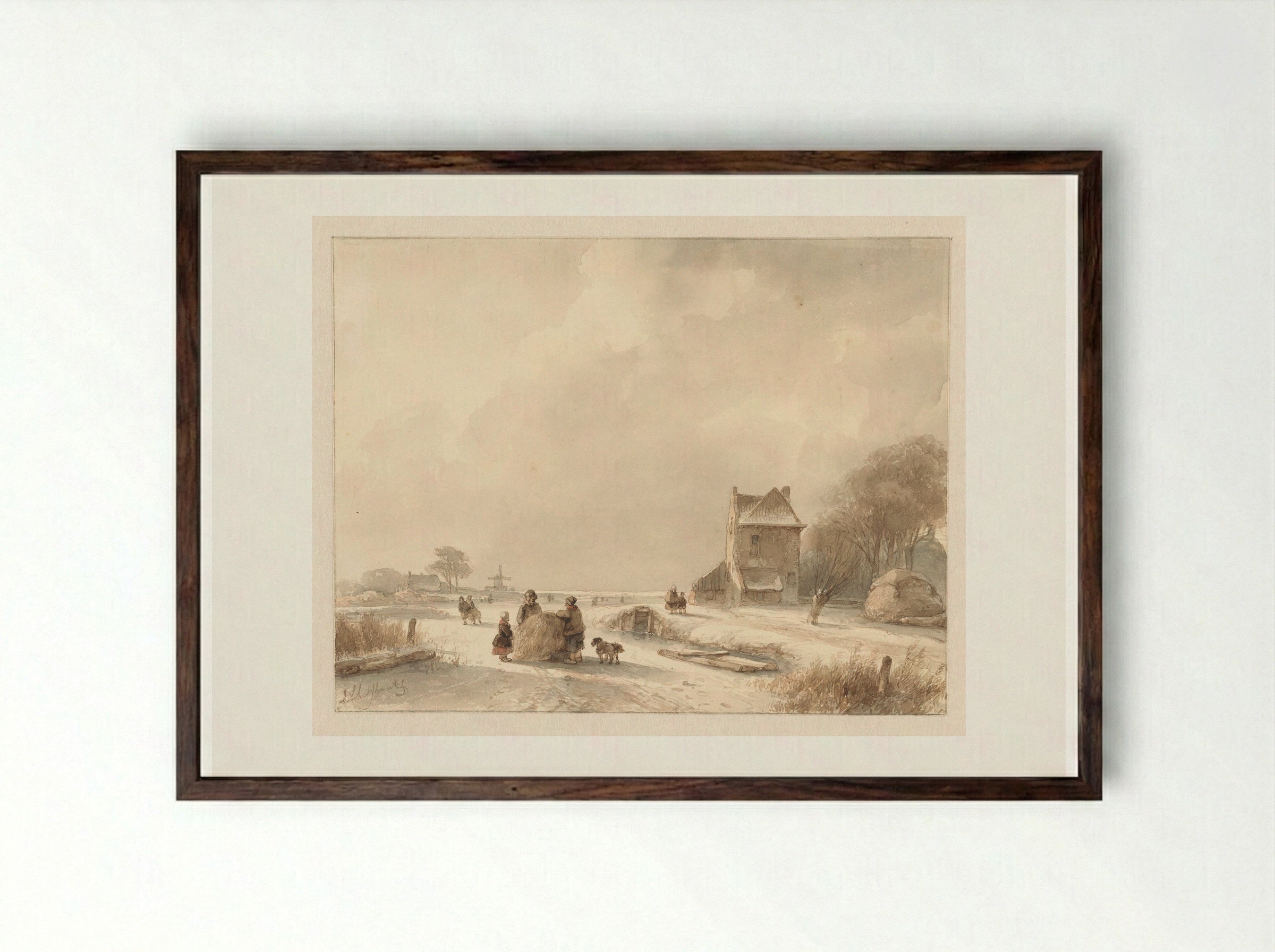 Winter Landscape with Hay Sled and Skaters - Andreas Schelfhout - Framed Print Dark Wood
