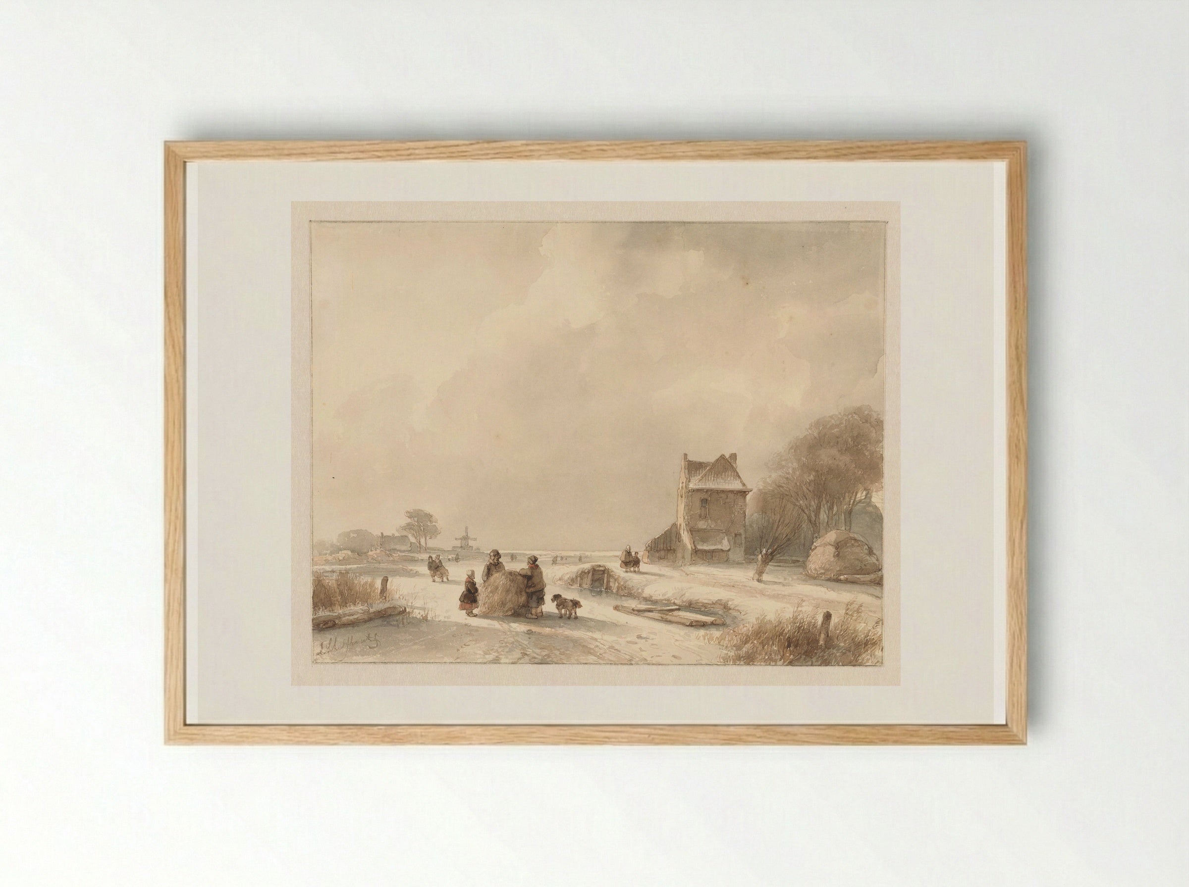 Winter Landscape with Hay Sled and Skaters - Andreas Schelfhout - Framed Print Wood