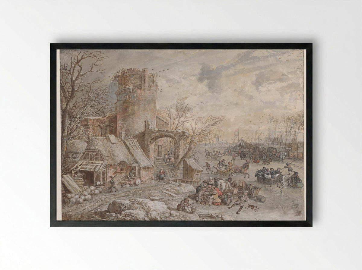 Winter Landscape with Ice Entertainment - Gerrit Battem - Framed Print Black