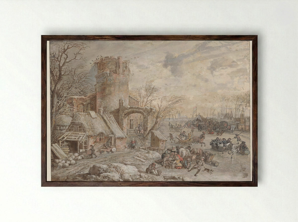 Winter Landscape with Ice Entertainment - Gerrit Battem - Framed Print Dark Wood