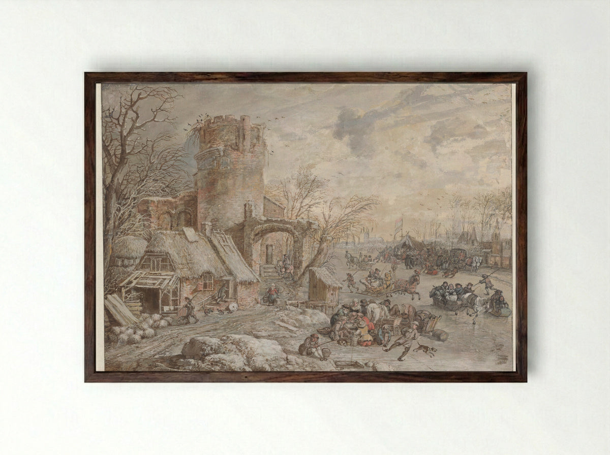Winter Landscape with Ice Entertainment - Gerrit Battem - Framed Print Dark Wood
