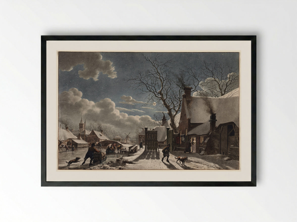 Winter Night in a Dutch Town - Jacob Cats - Framed Print Black