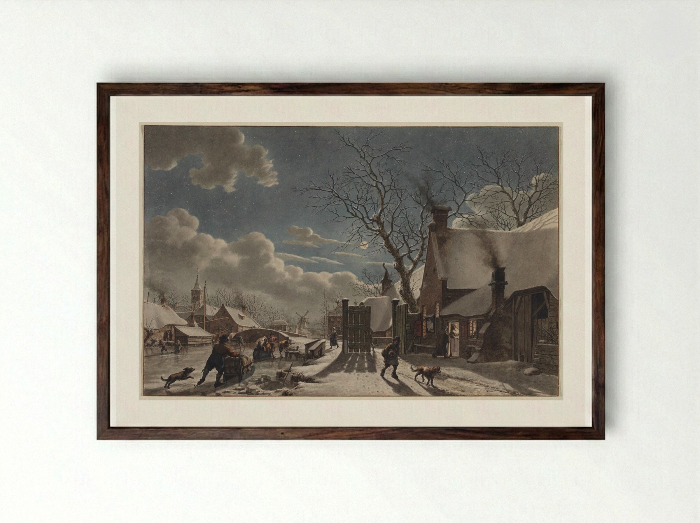 Winter Night in a Dutch Town - Jacob Cats - Framed Print Dark Wood