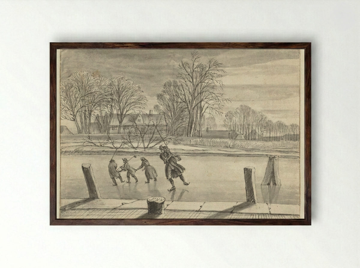 Winter Scene with Four Skaters - Abraham Rutgers - Framed Print Dark Wood