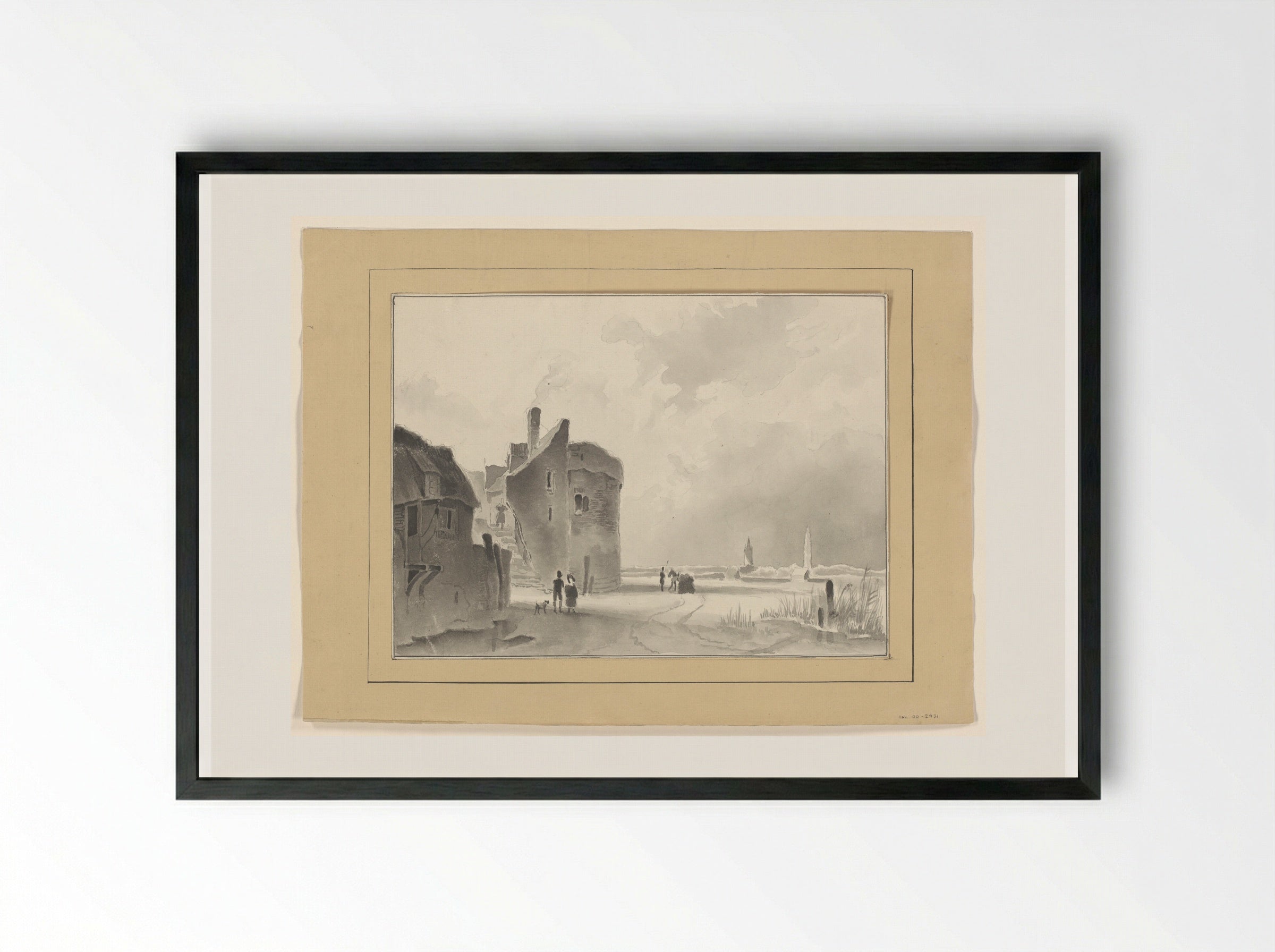 Winter Scene with Tower and Figures - Johannes van Reijn - Framed Print Black