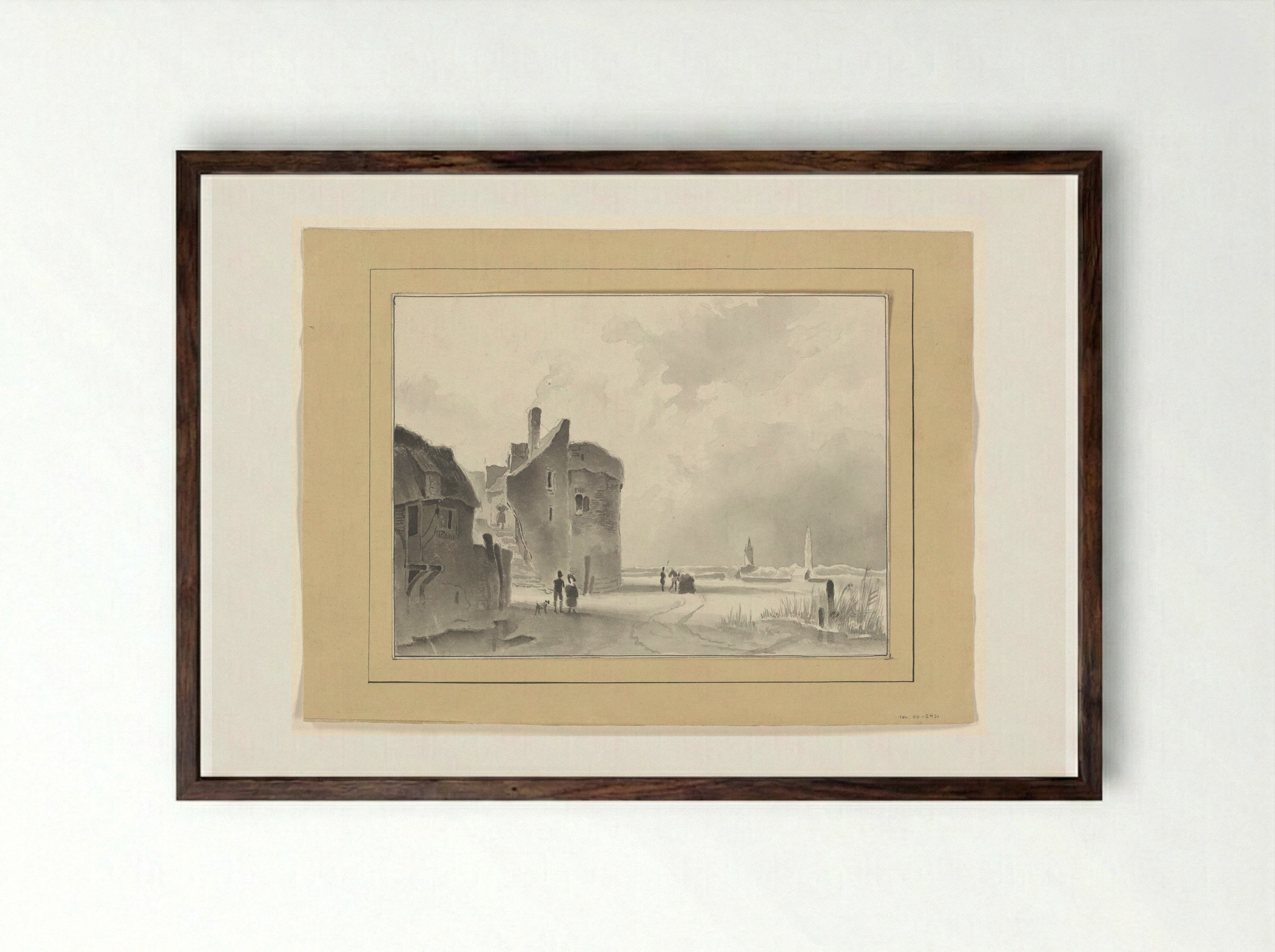 Winter Scene with Tower and Figures - Johannes van Reijn - Framed Print Dark Wood