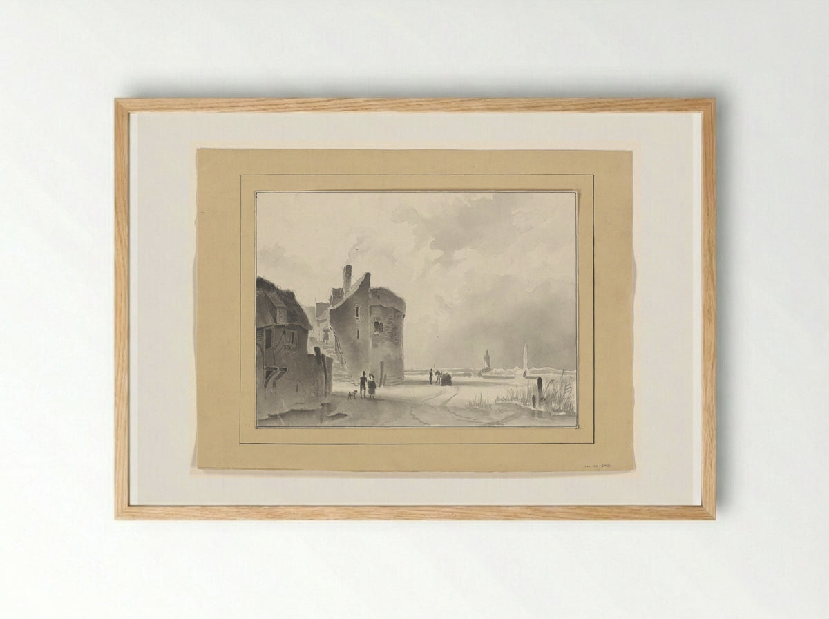 Winter Scene with Tower and Figures - Johannes van Reijn - Framed Print Wood