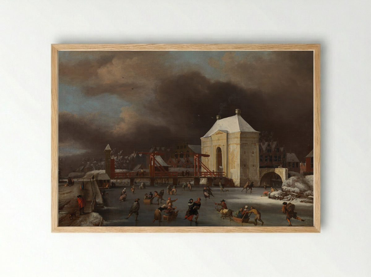 Winter Scene with a Drawbridge and Skaters - Bernhard van Kessel - Framed Print Wood