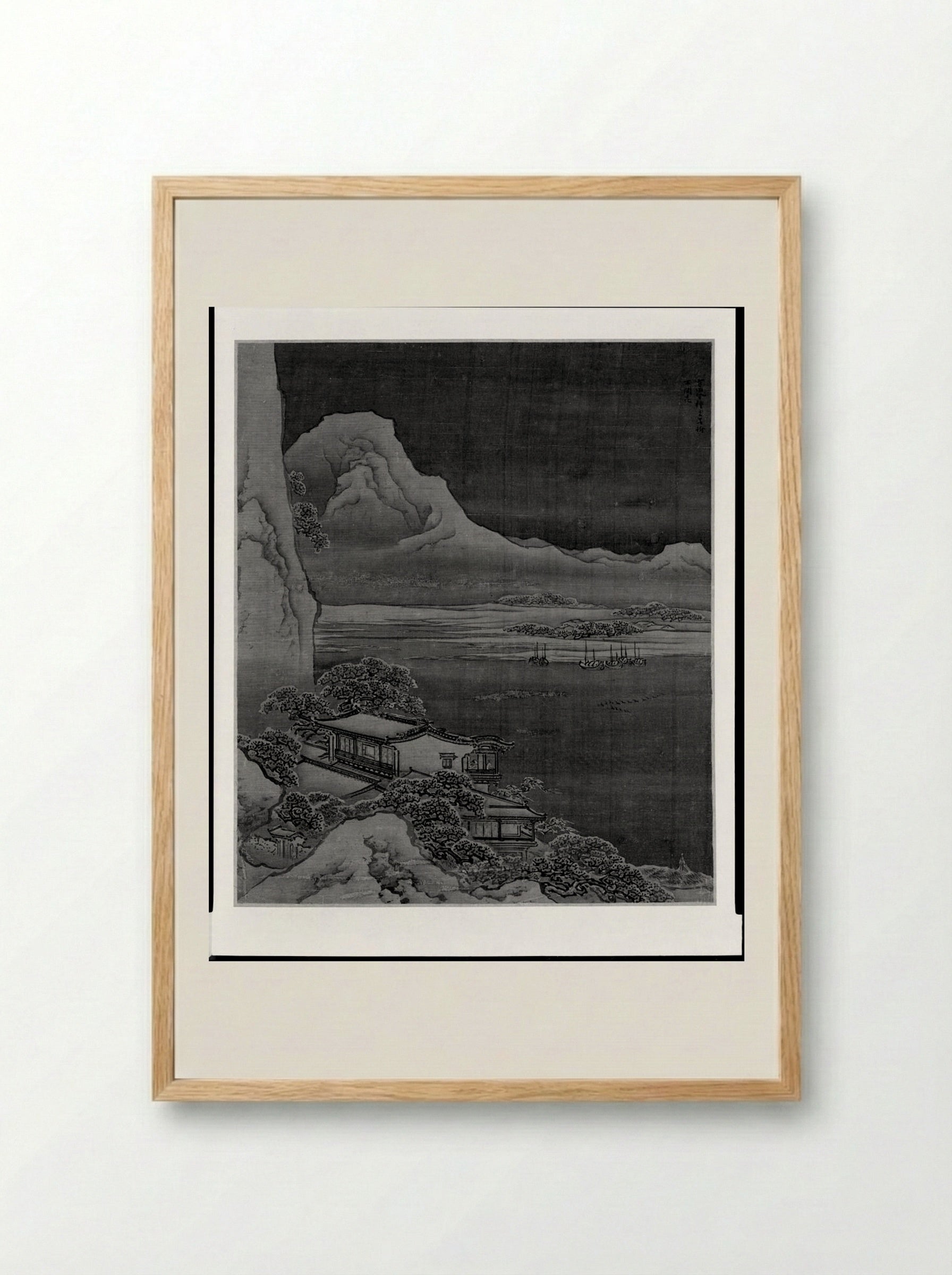 Winter Scene: Mountains and Lakeside Lodge in Snow - Yuan Yao - Framed Print Wood