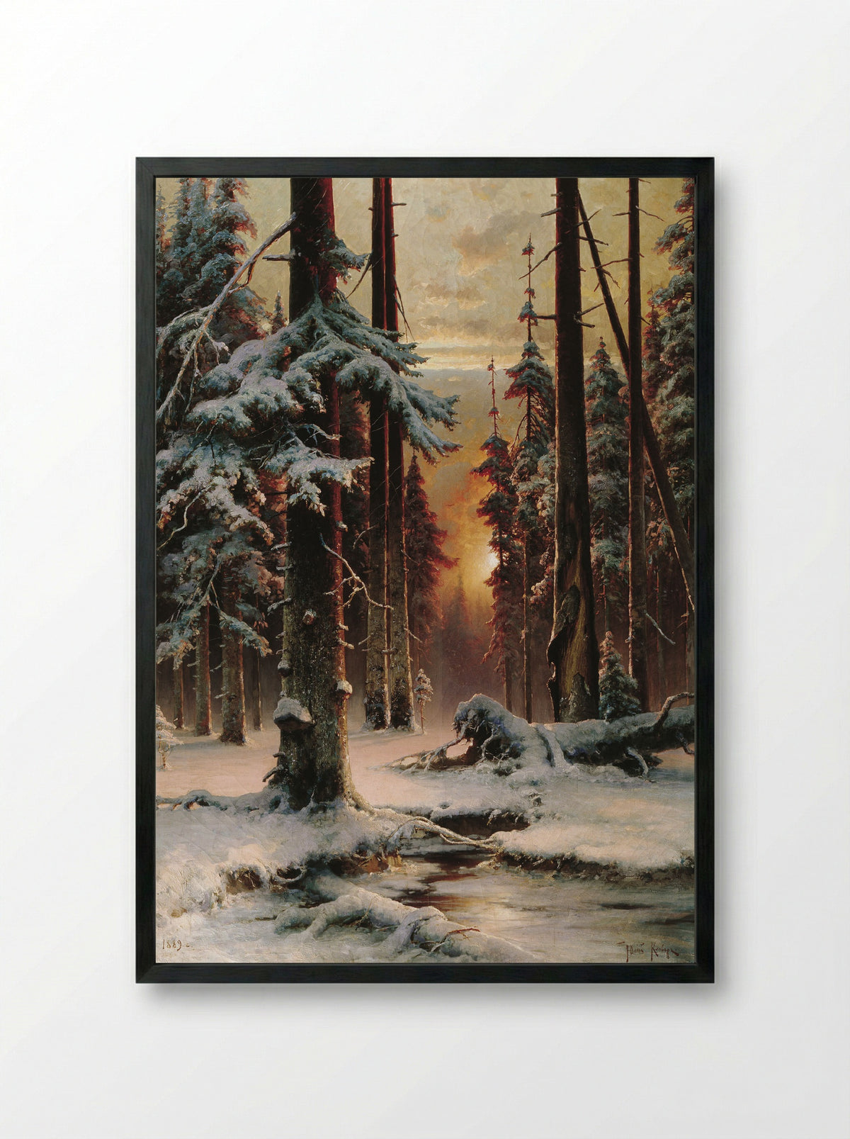 Winter Sunset in a Spruce Forest - Julius Sergius von Klever - Framed Print Black